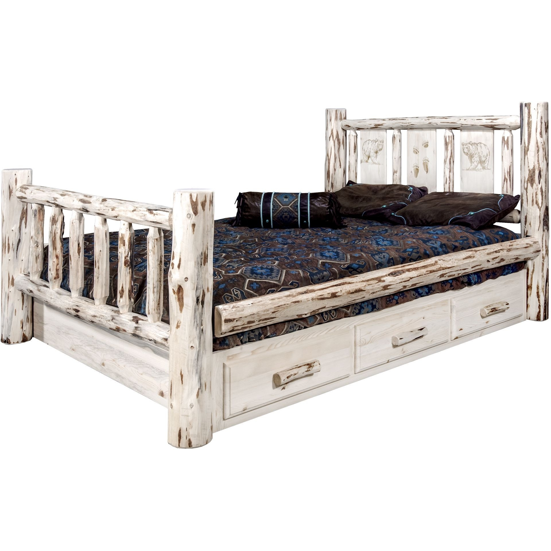 Montana Collection King Storage Bed w/ Laser Engraved Bear Design, Ready to Finish