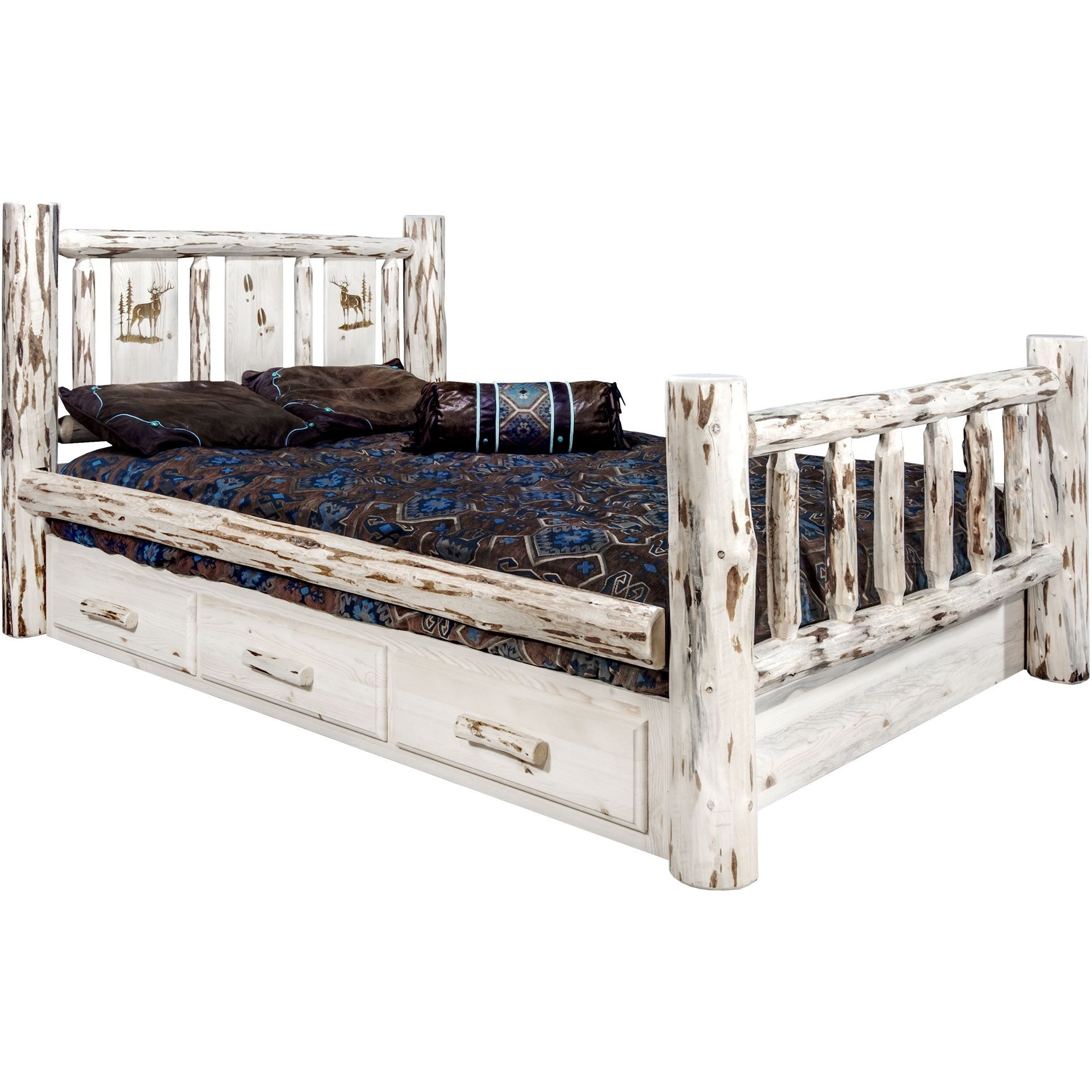 Montana Collection King Storage Bed w/ Laser Engraved Elk Design, Ready to Finish
