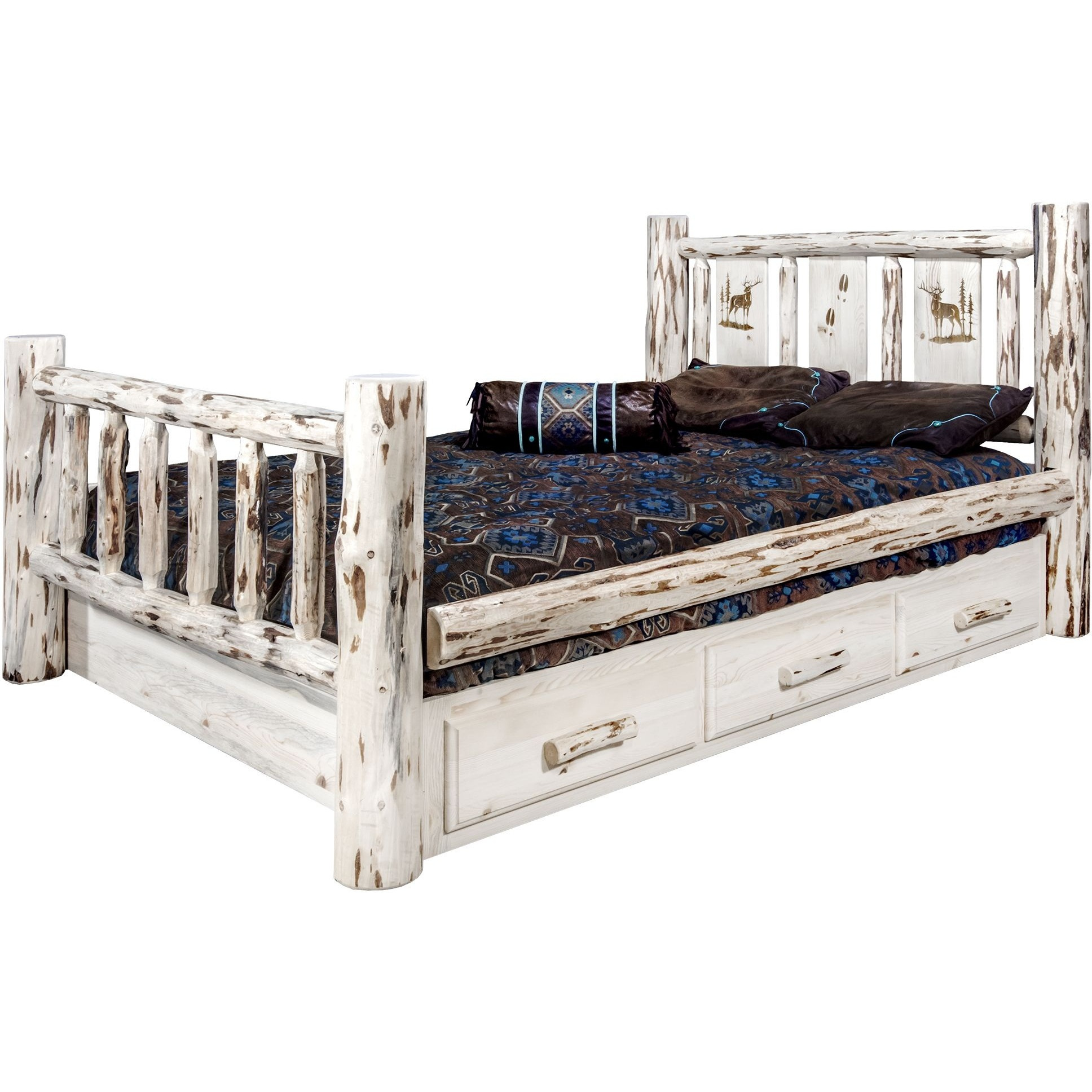 Montana Collection King Storage Bed w/ Laser Engraved Elk Design, Ready to Finish