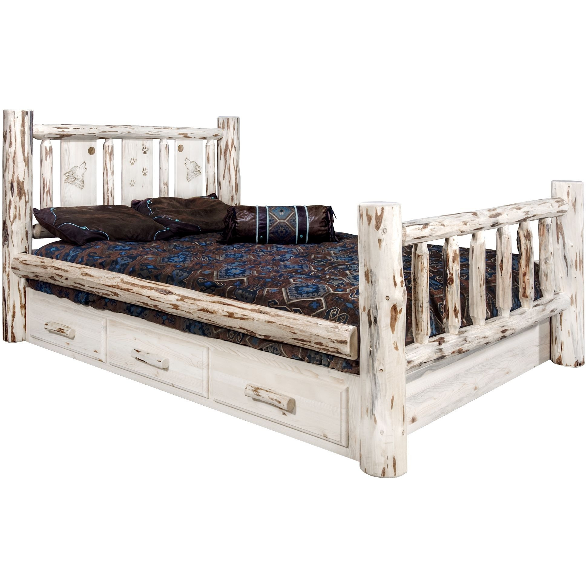 Montana Collection King Storage Bed w/ Laser Engraved Wolf Design, Ready to Finish