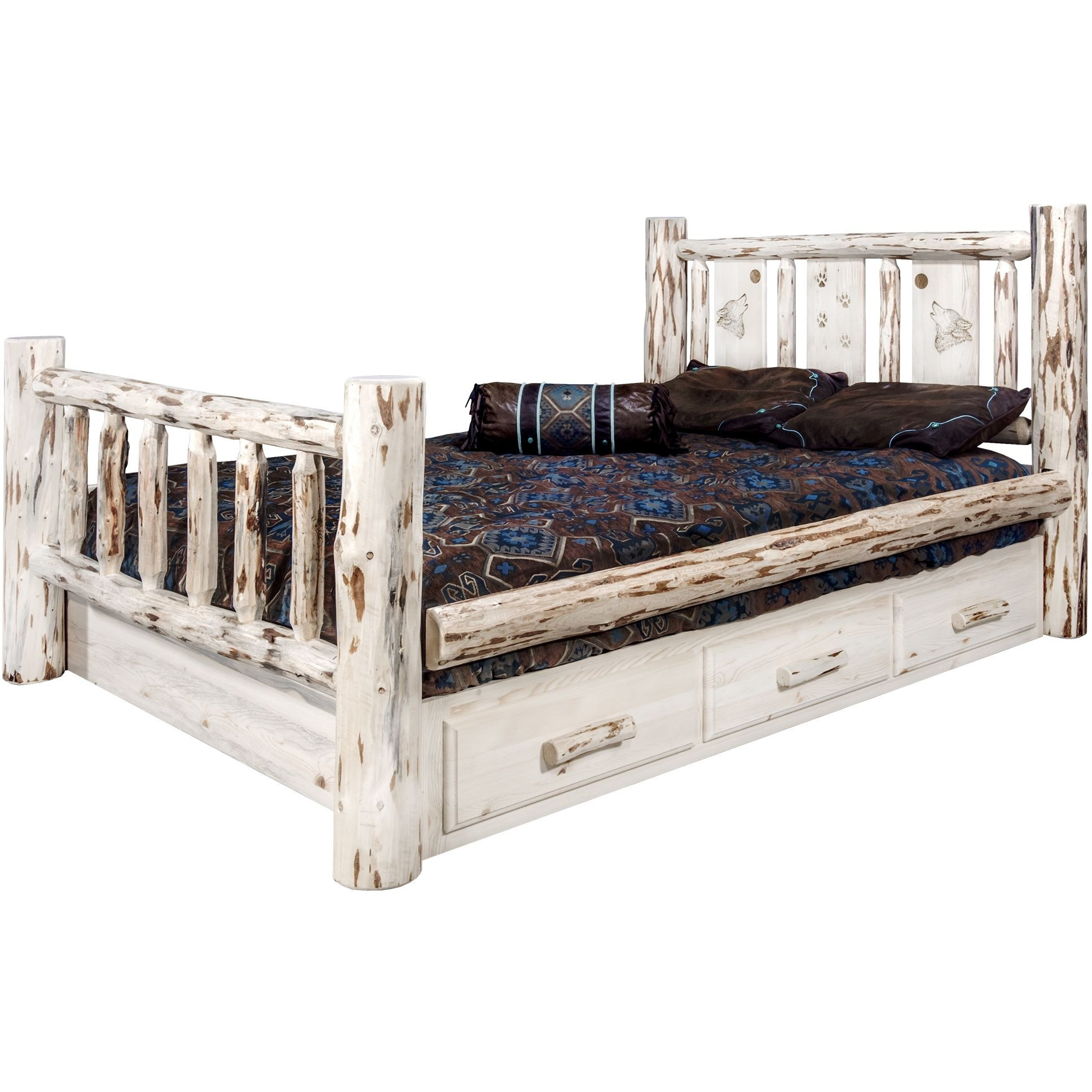 Montana Collection King Storage Bed w/ Laser Engraved Wolf Design, Ready to Finish