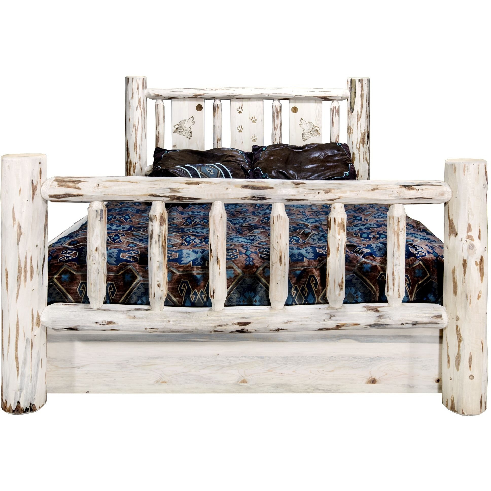 Montana Collection King Storage Bed w/ Laser Engraved Wolf Design, Ready to Finish