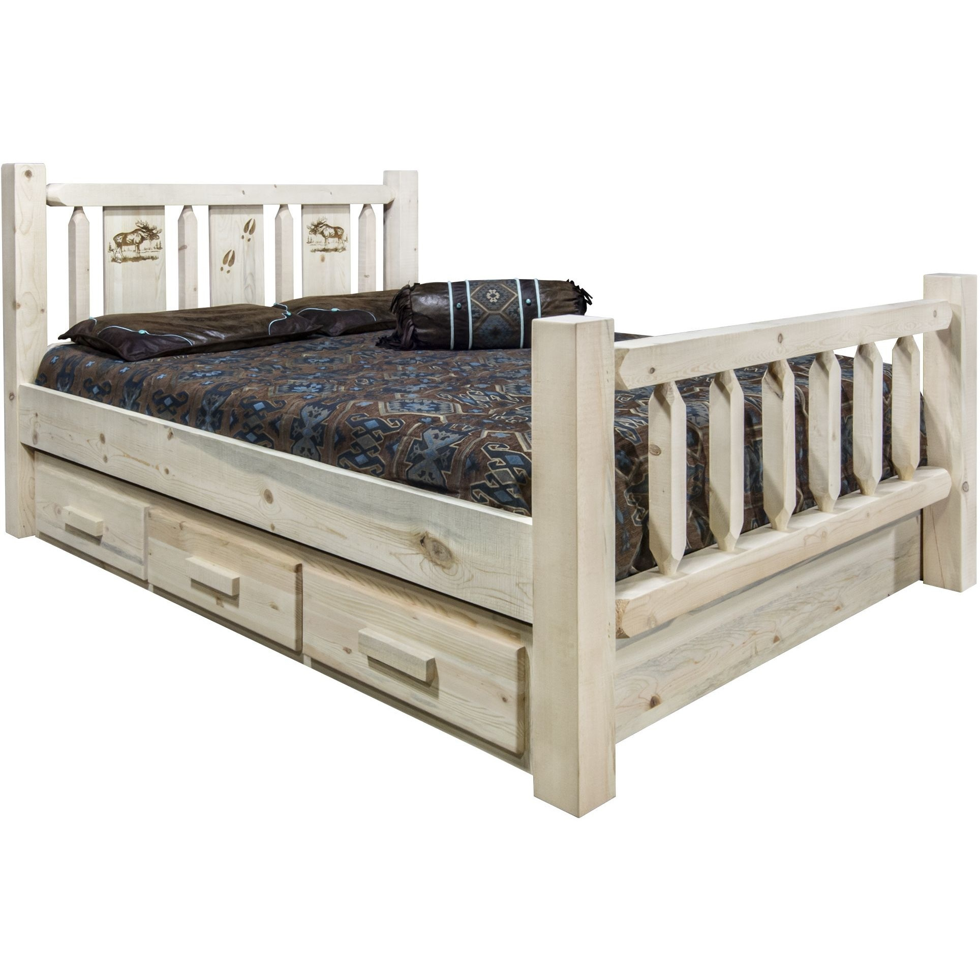 Homestead Collection Full Storage Bed w/ Laser Engraved Moose Design, Clear Lacquer Finish