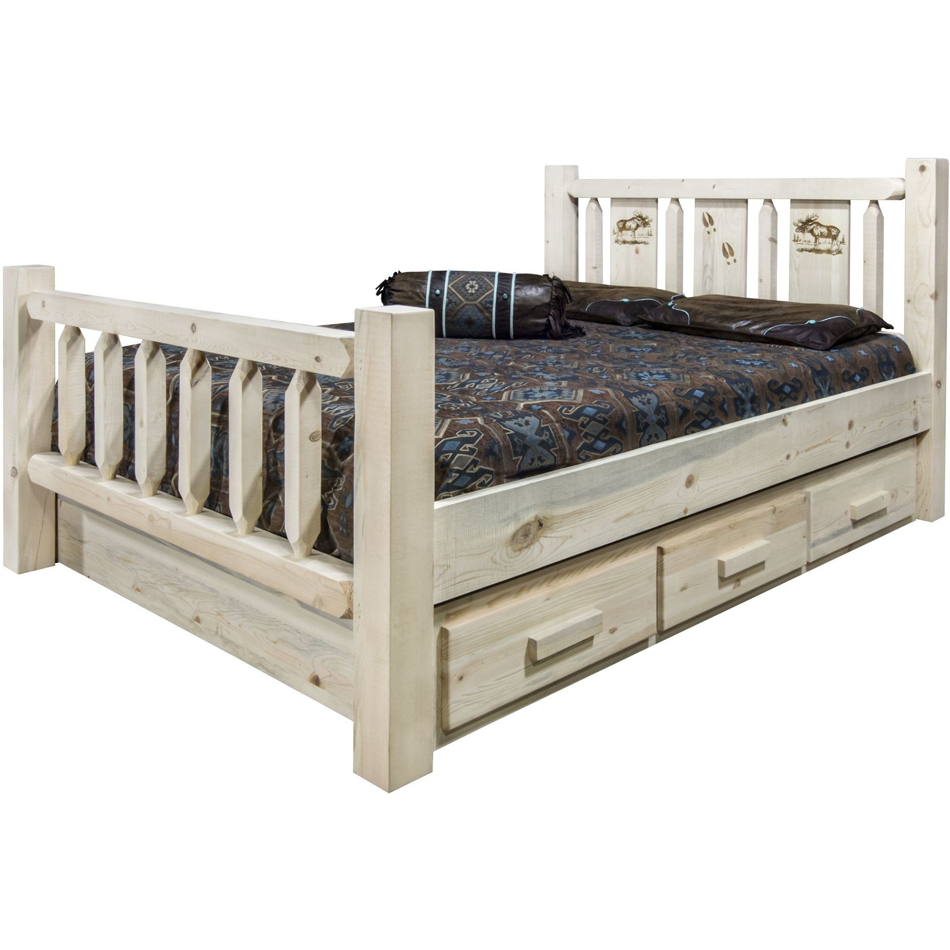 Homestead Collection Full Storage Bed w/ Laser Engraved Moose Design, Clear Lacquer Finish