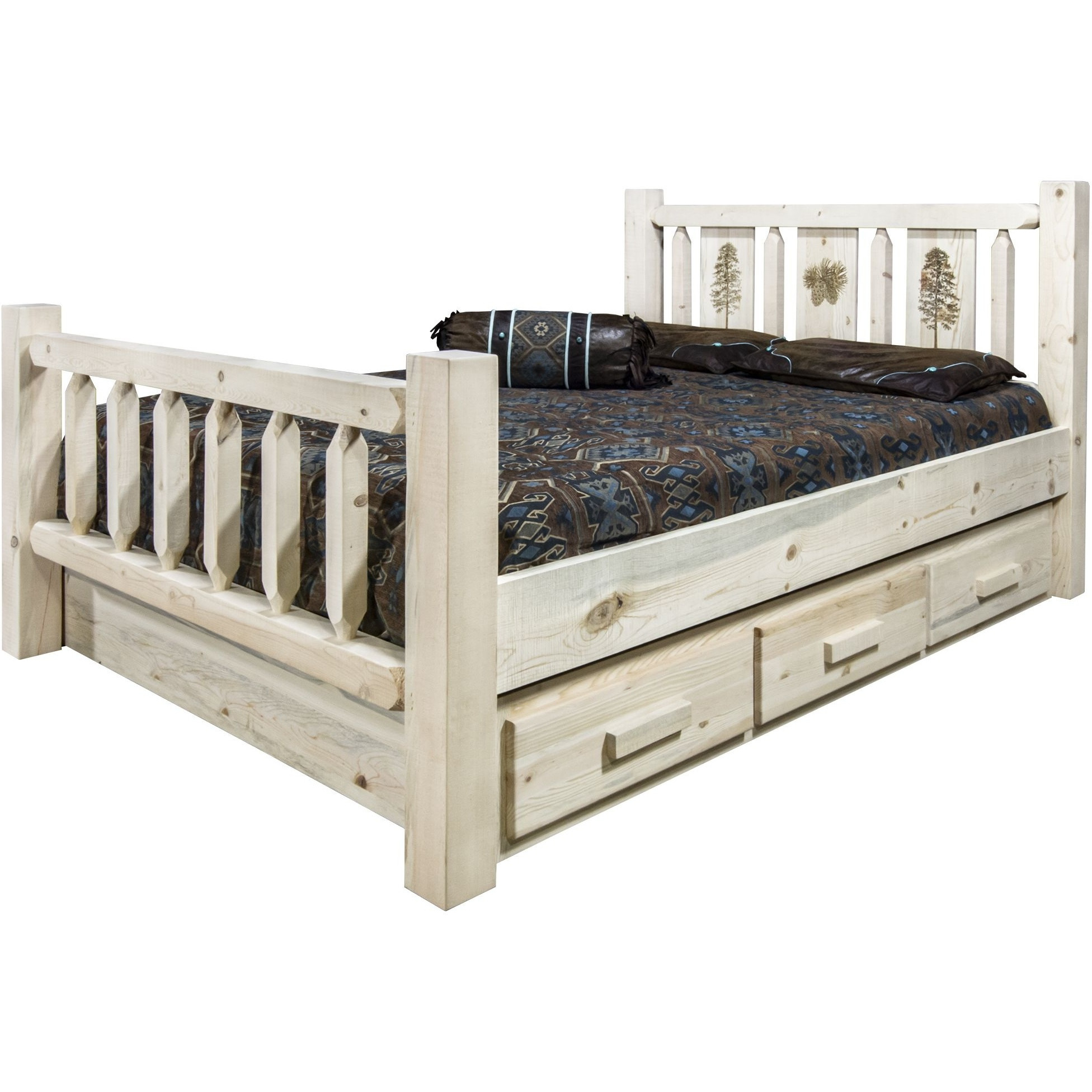 Homestead Collection Full Storage Bed w/ Laser Engraved Pine Design, Clear Lacquer Finish
