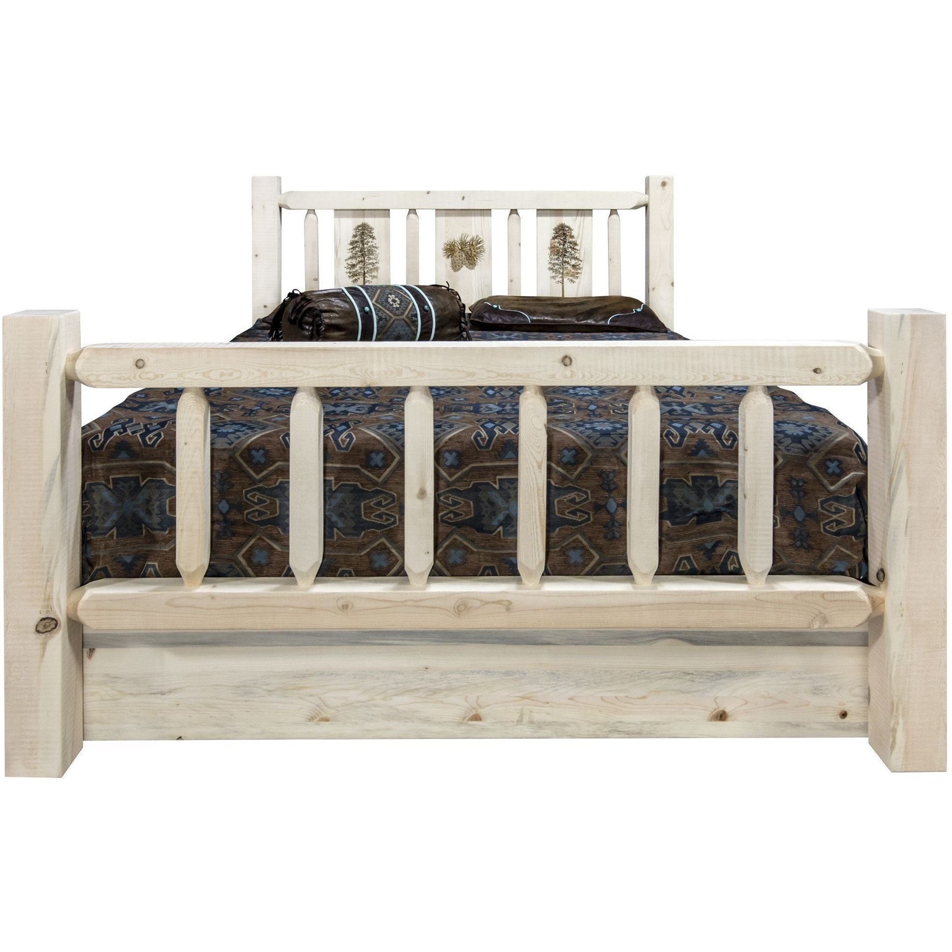 Homestead Collection Full Storage Bed w/ Laser Engraved Pine Design, Clear Lacquer Finish