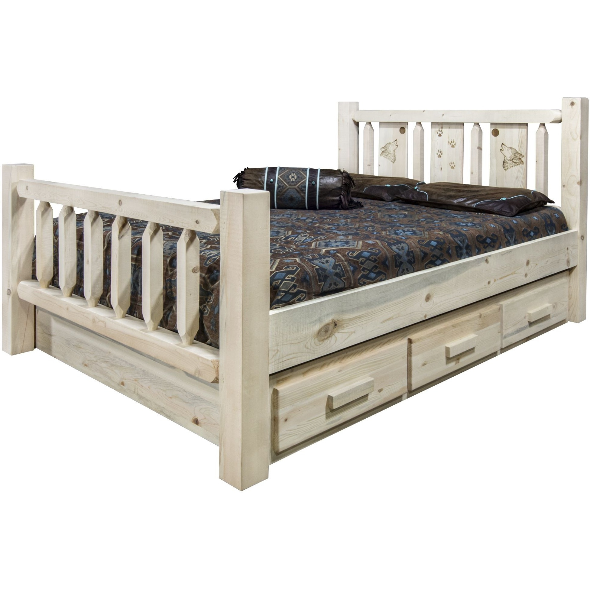 Homestead Collection Full Storage Bed w/ Laser Engraved Wolf Design, Clear Lacquer Finish