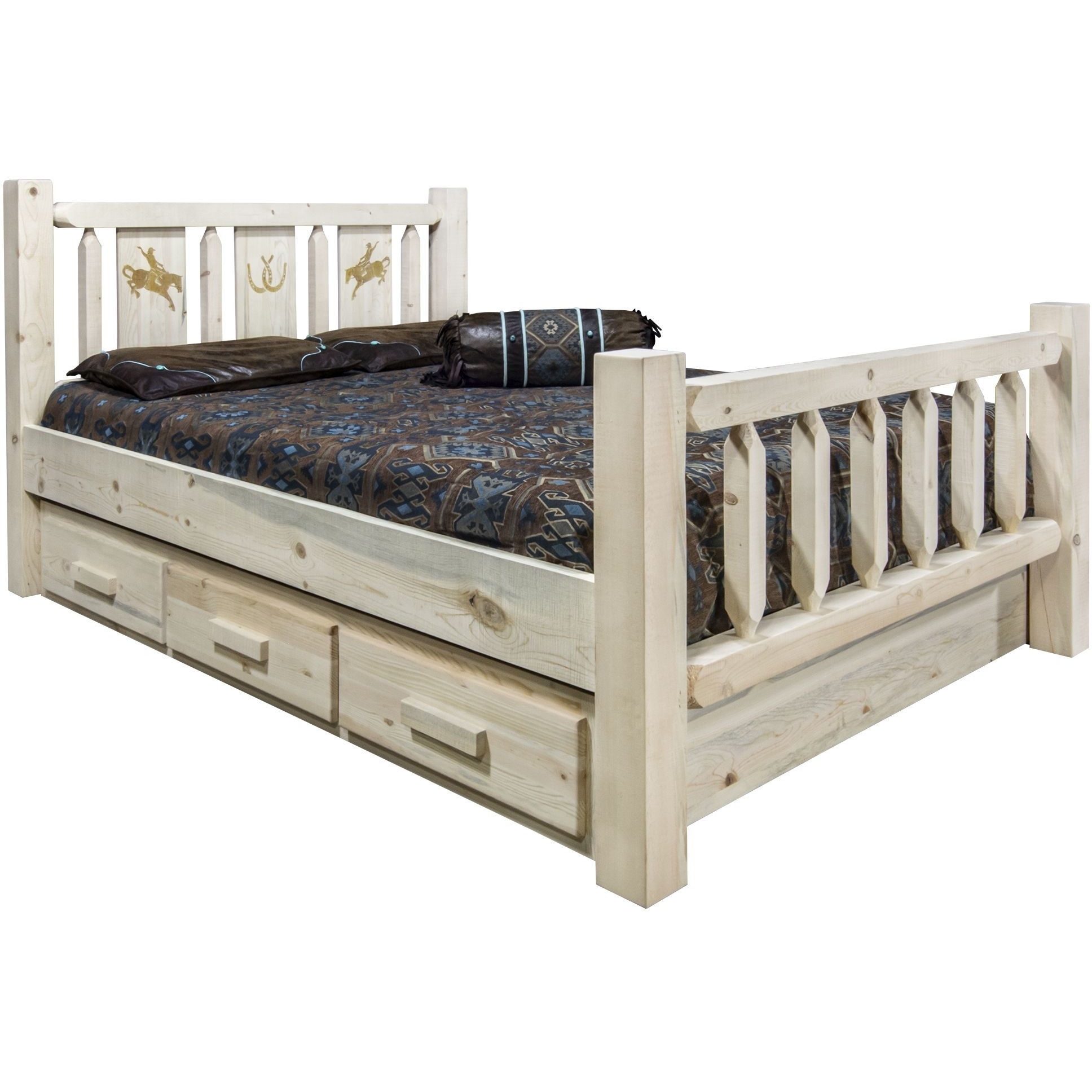 Homestead Collection Queen Storage Bed w/ Laser Engraved Bronc Design, Clear Lacquer Finish