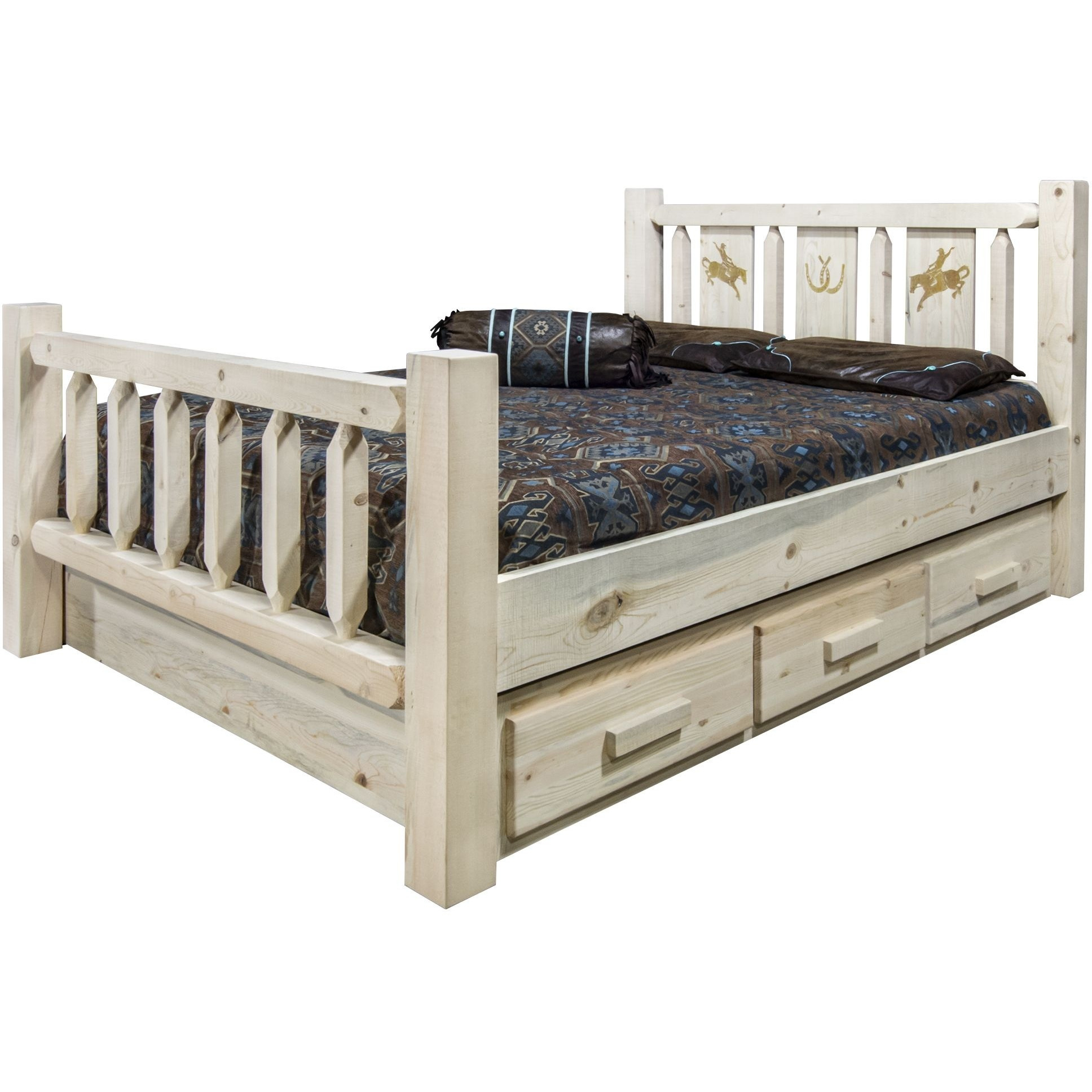Homestead Collection Queen Storage Bed w/ Laser Engraved Bronc Design, Clear Lacquer Finish