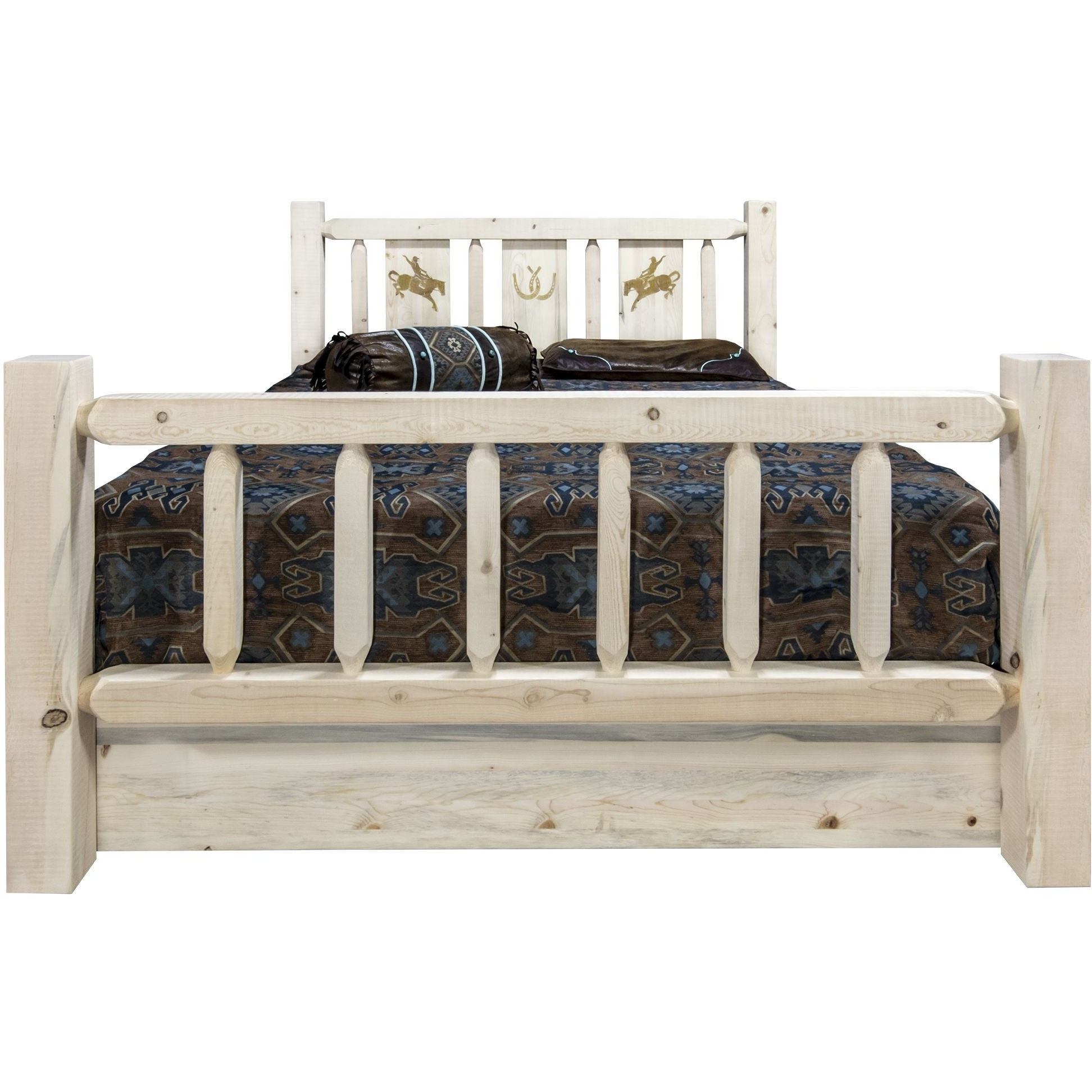 Homestead Collection Queen Storage Bed w/ Laser Engraved Bronc Design, Clear Lacquer Finish