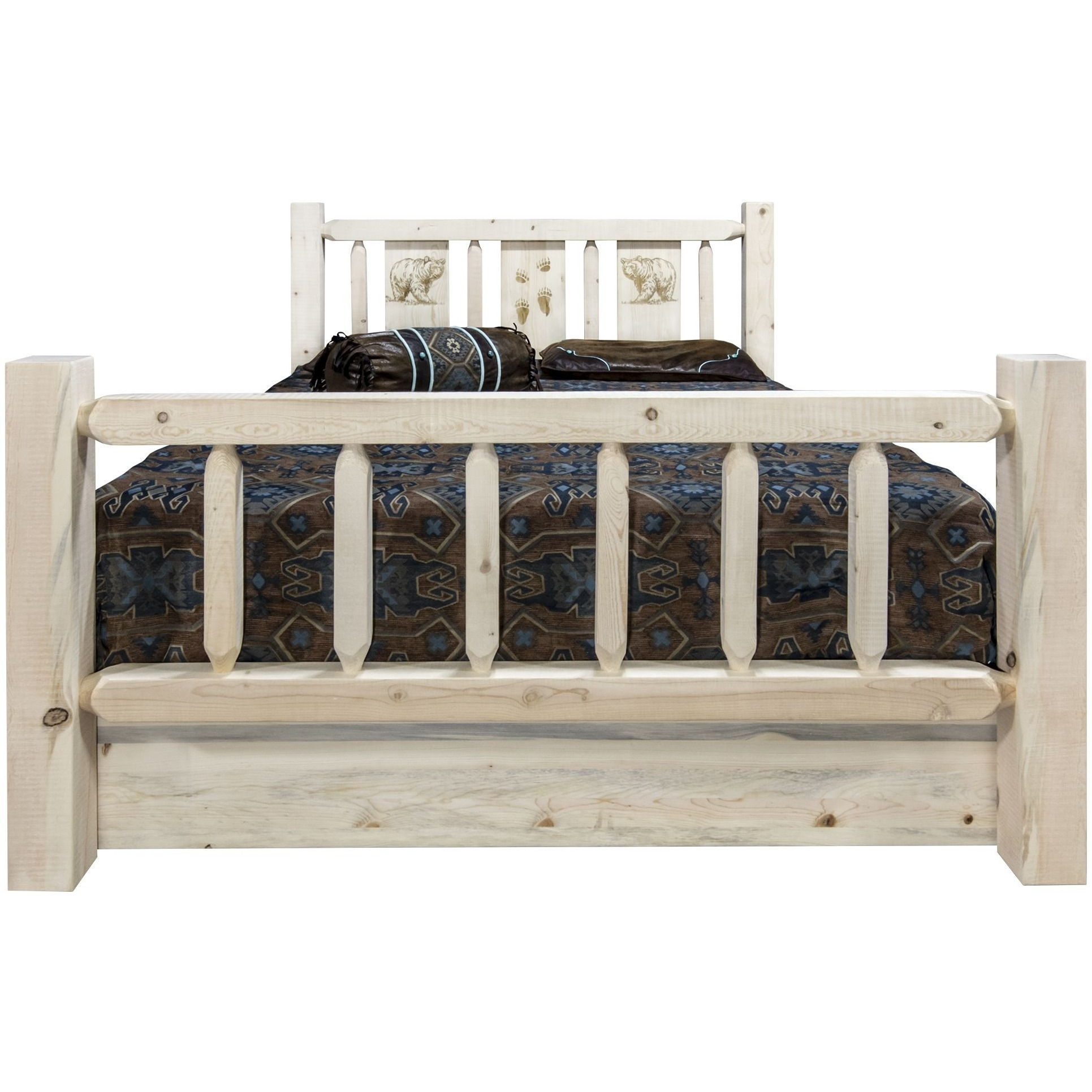 Homestead Collection King Storage Bed w/ Laser Engraved Bear Design, Clear Lacquer Finish