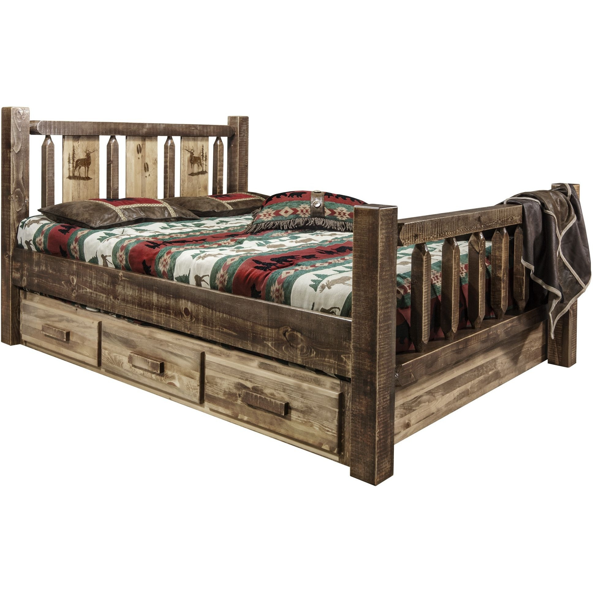 Homestead Collection Twin Storage Bed w/ Laser Engraved Elk Design, Stain & Clear Lacquer Finish