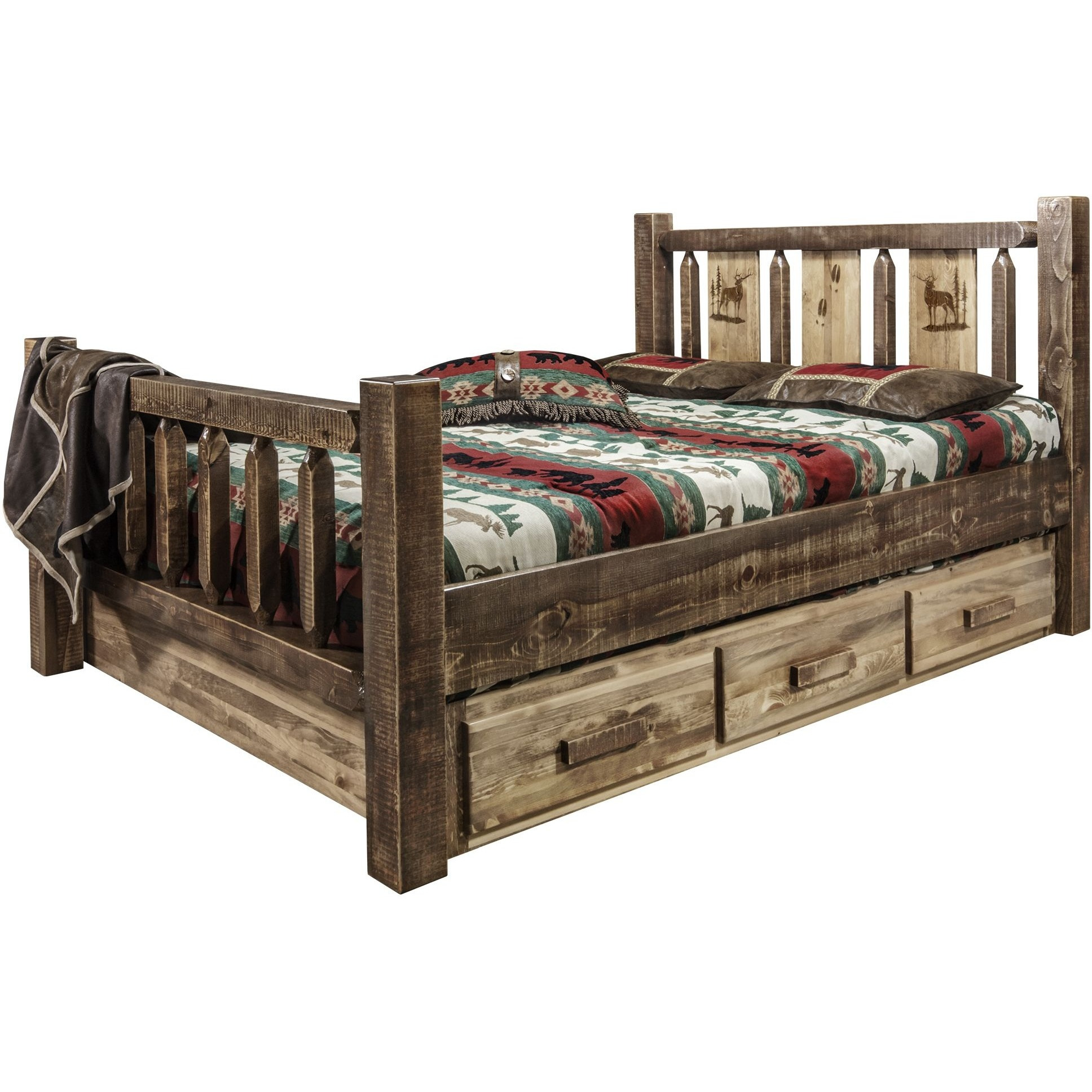 Homestead Collection Twin Storage Bed w/ Laser Engraved Elk Design, Stain & Clear Lacquer Finish