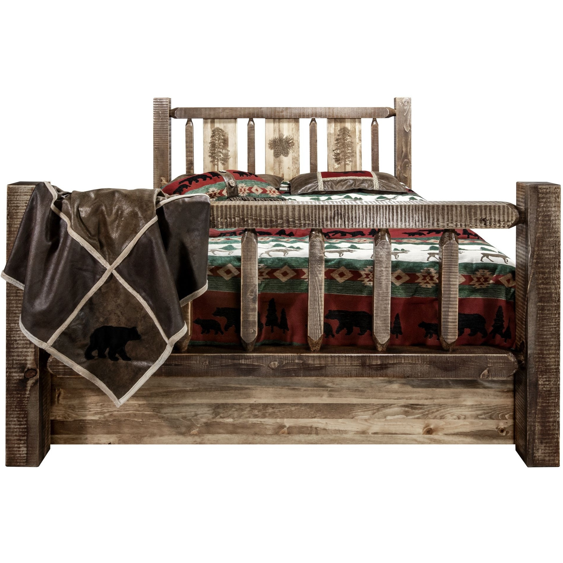 Homestead Collection Twin Storage Bed w/ Laser Engraved Pine Design, Stain & Clear Lacquer Finish