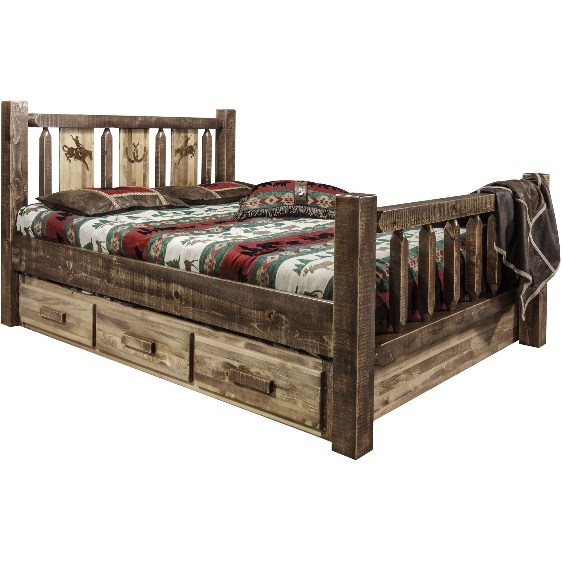 Homestead Collection Queen Storage Bed w/ Laser Engraved Bronc Design, Stain & Clear Lacquer Finish