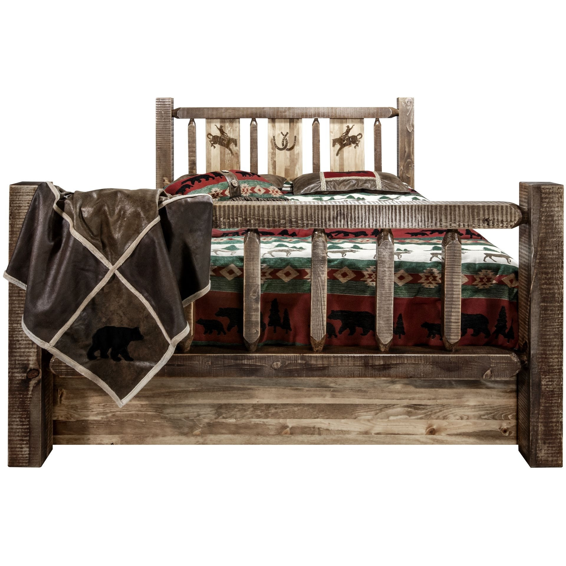 Homestead Collection Queen Storage Bed w/ Laser Engraved Bronc Design, Stain & Clear Lacquer Finish