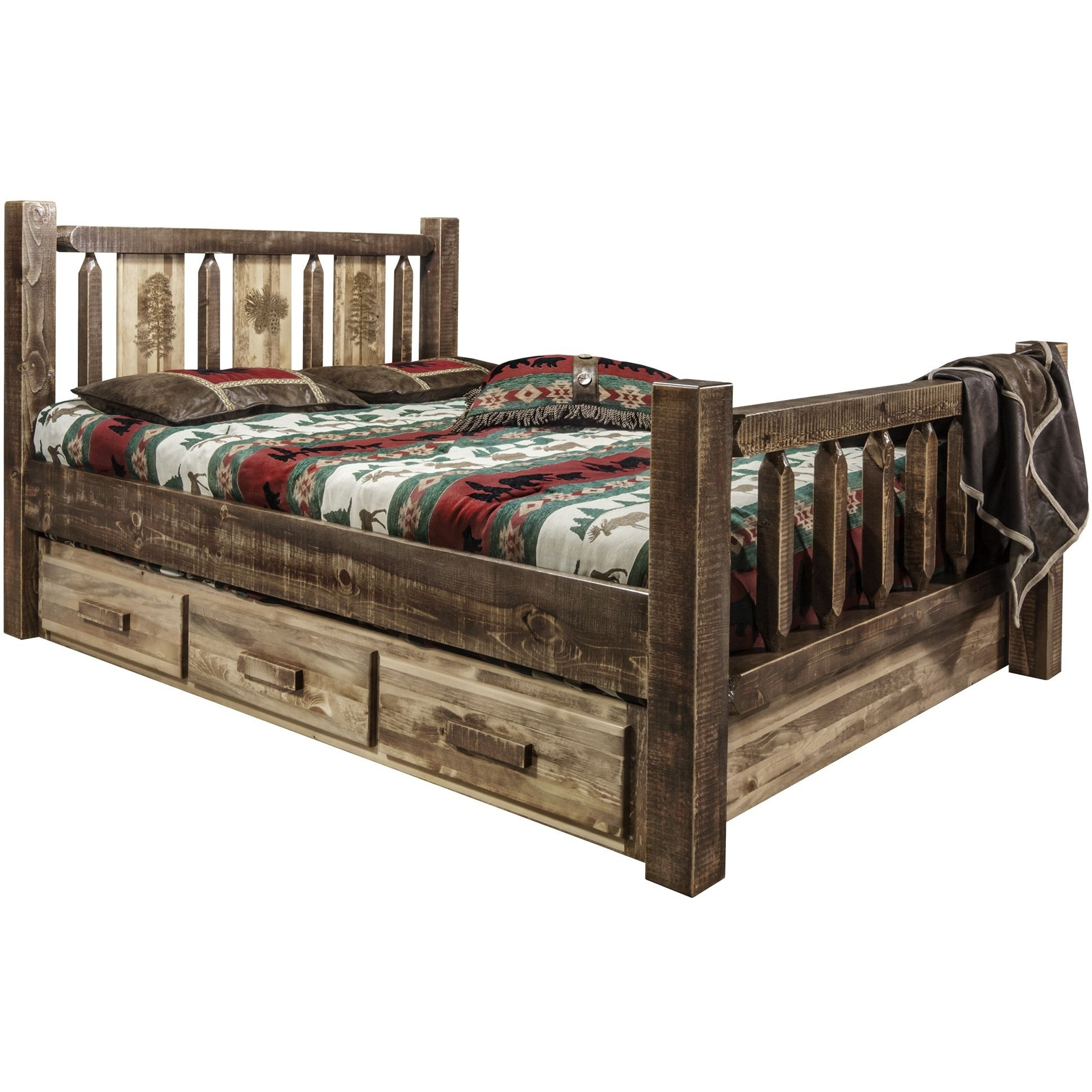 Homestead Collection Queen Storage Bed w/ Laser Engraved Pine Design, Stain & Clear Lacquer Finish