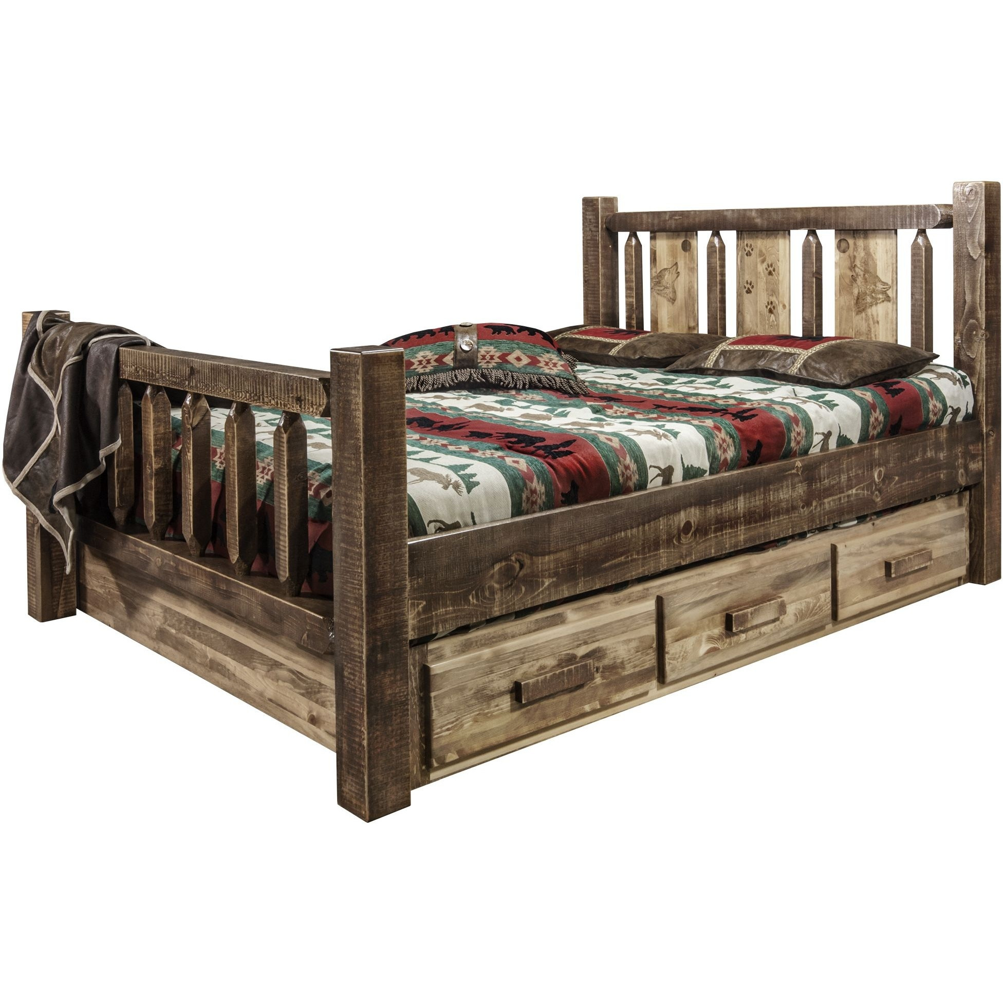 Homestead Collection King Storage Bed w/ Laser Engraved Wolf Design, Stain & Clear Lacquer Finish