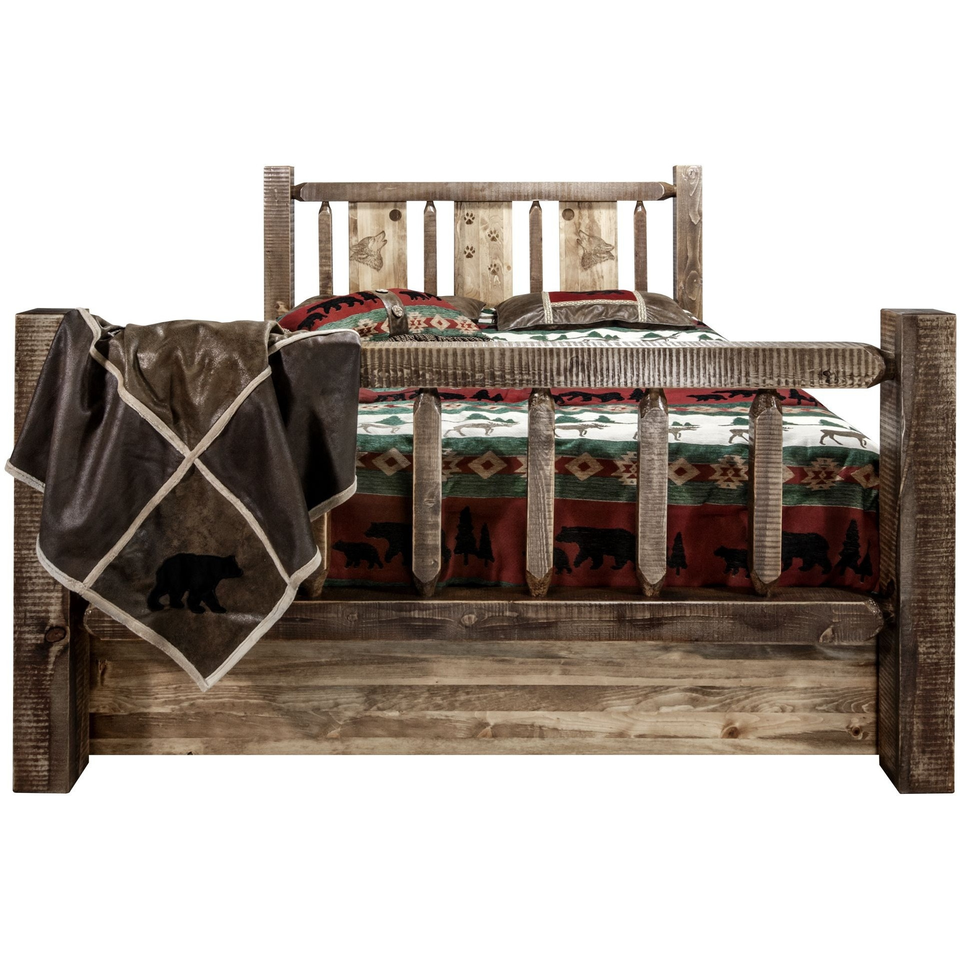 Homestead Collection King Storage Bed w/ Laser Engraved Wolf Design, Stain & Clear Lacquer Finish