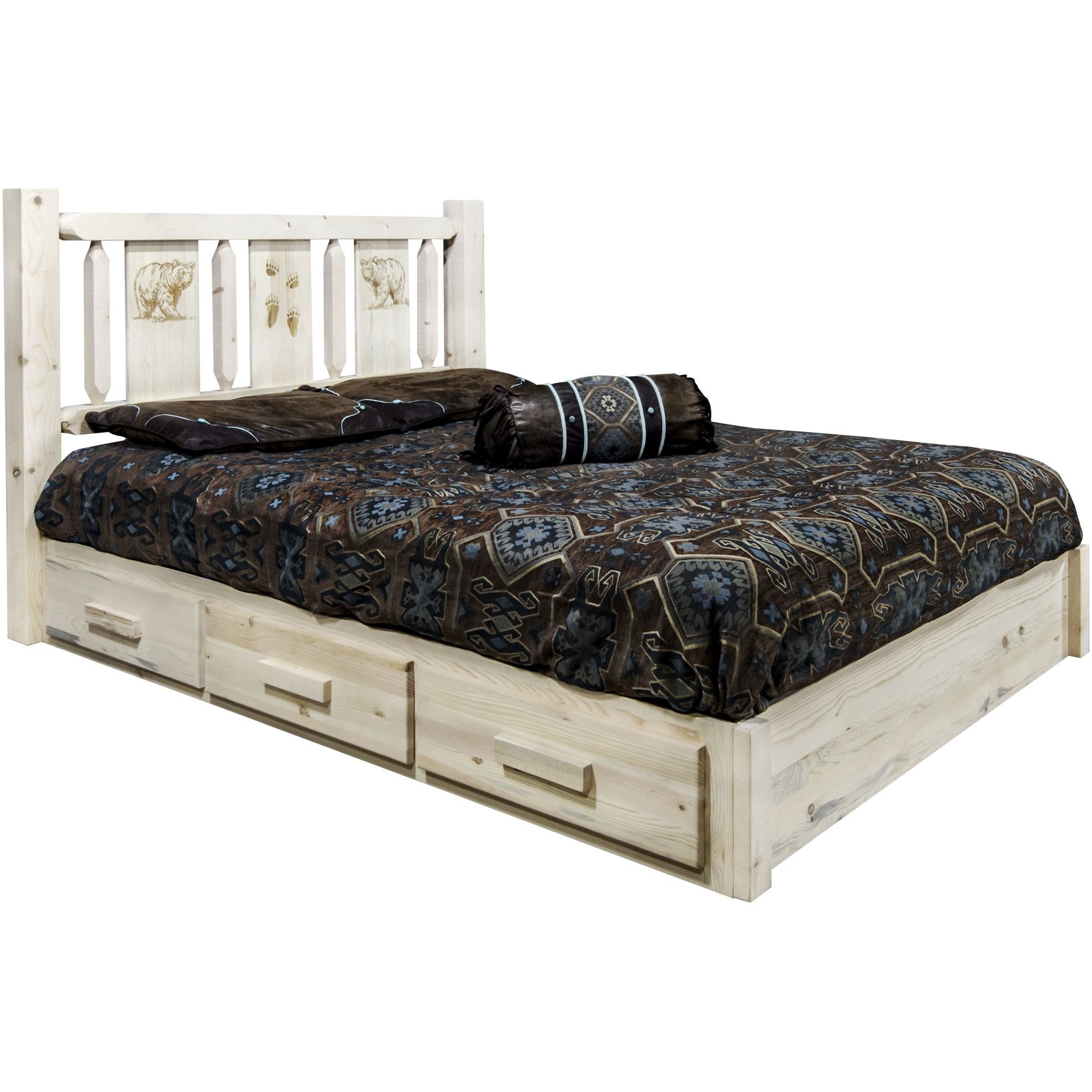 Homestead Collection Platform Bed w/ Storage, Full w/ Laser Engraved Bear Design, Clear Lacquer Finish