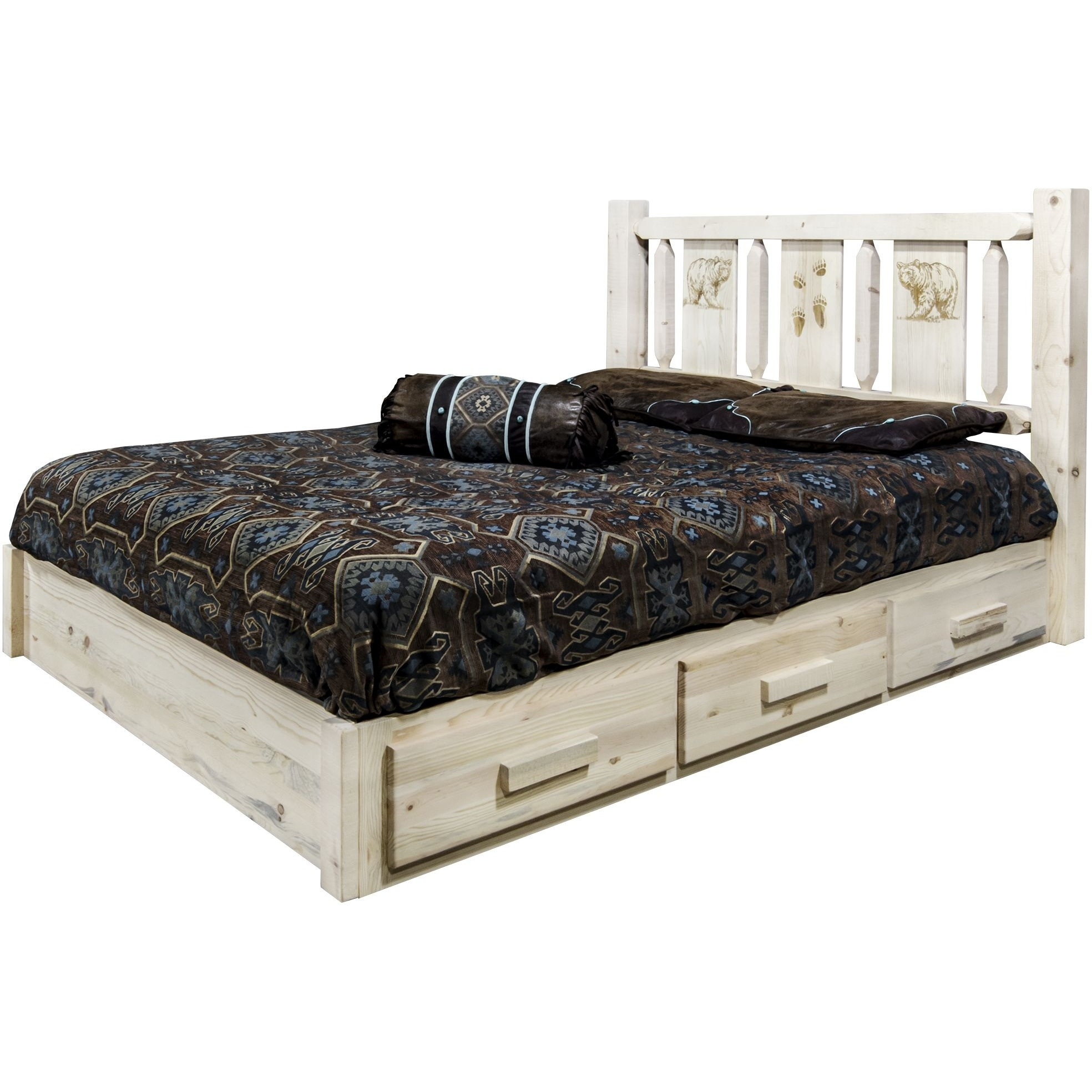 Homestead Collection Platform Bed w/ Storage, Full w/ Laser Engraved Bear Design, Clear Lacquer Finish