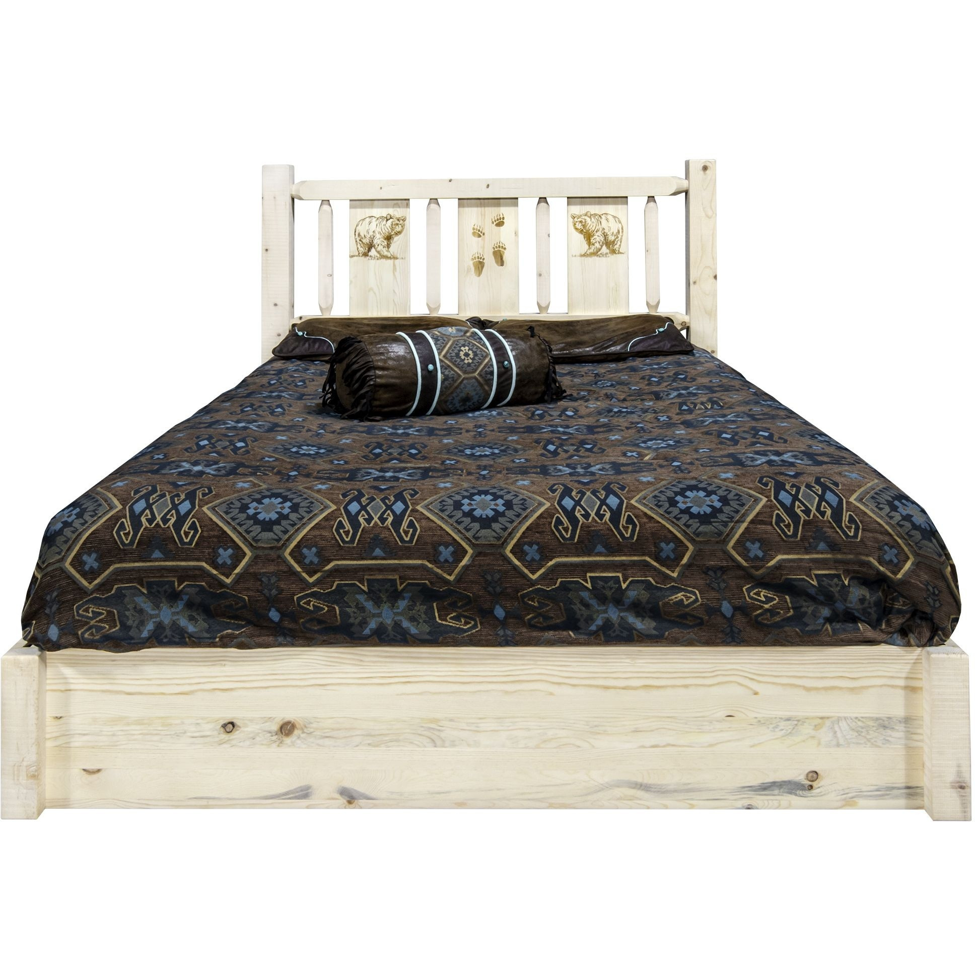 Homestead Collection Platform Bed w/ Storage, Full w/ Laser Engraved Bear Design, Clear Lacquer Finish