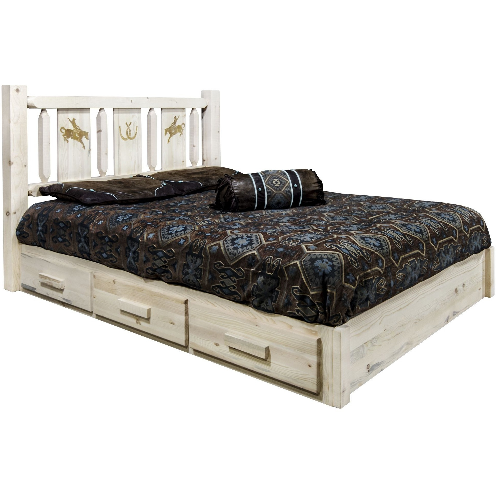 Homestead Collection Platform Bed w/ Storage, Full w/ Laser Engraved Bronc Design, Clear Lacquer Finish