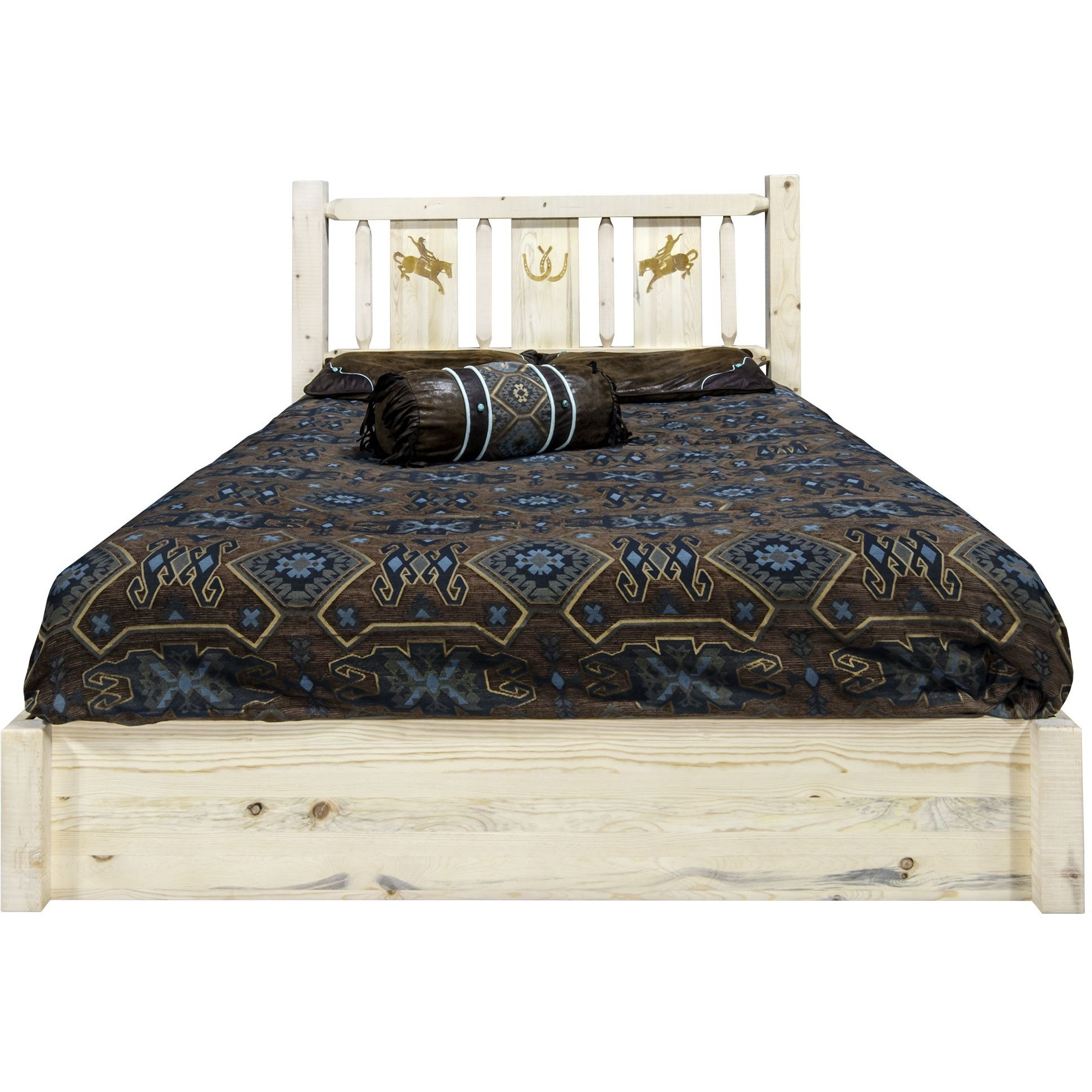 Homestead Collection Platform Bed w/ Storage, Full w/ Laser Engraved Bronc Design, Clear Lacquer Finish