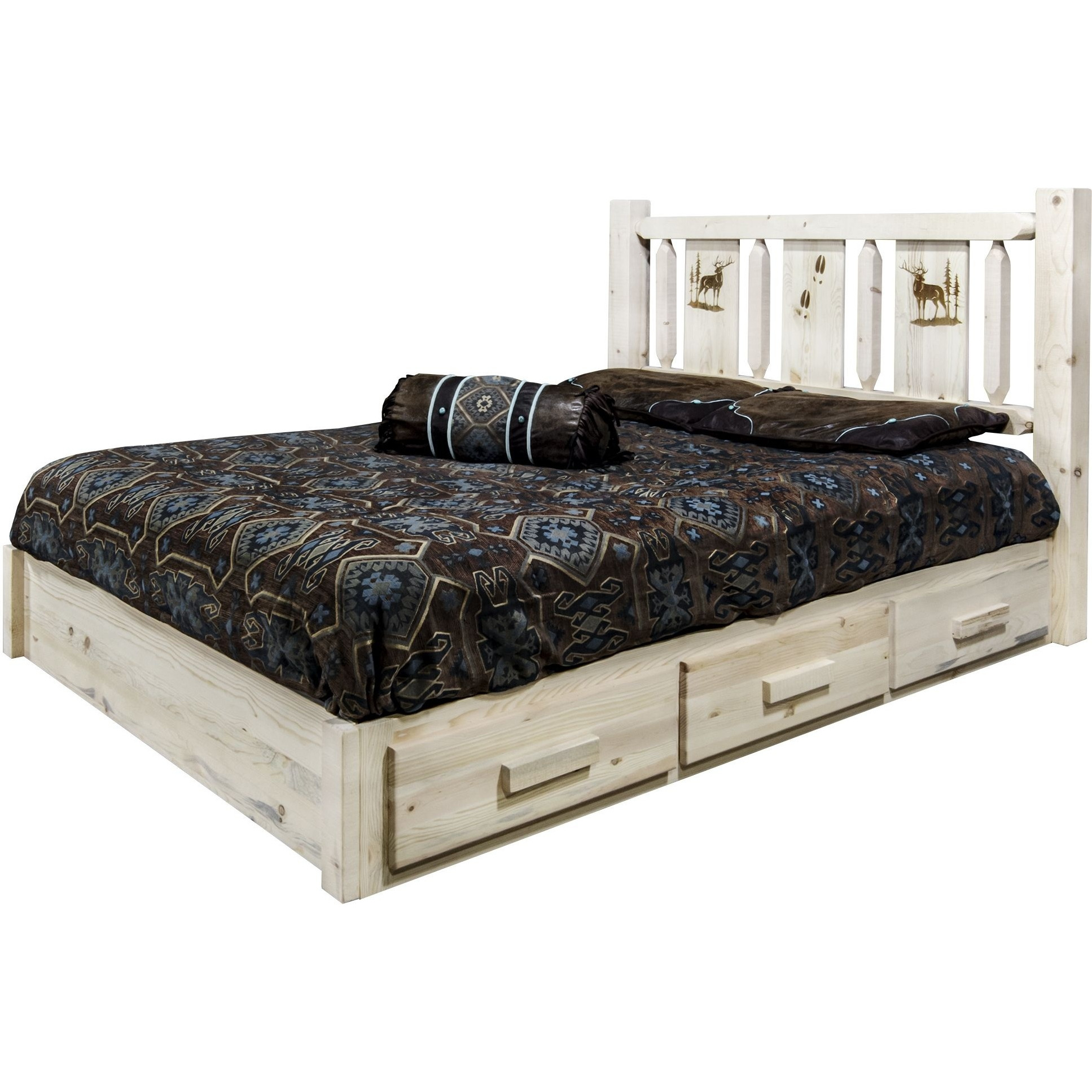 Homestead Collection Platform Bed w/ Storage, Full w/ Laser Engraved Elk Design, Clear Lacquer Finish