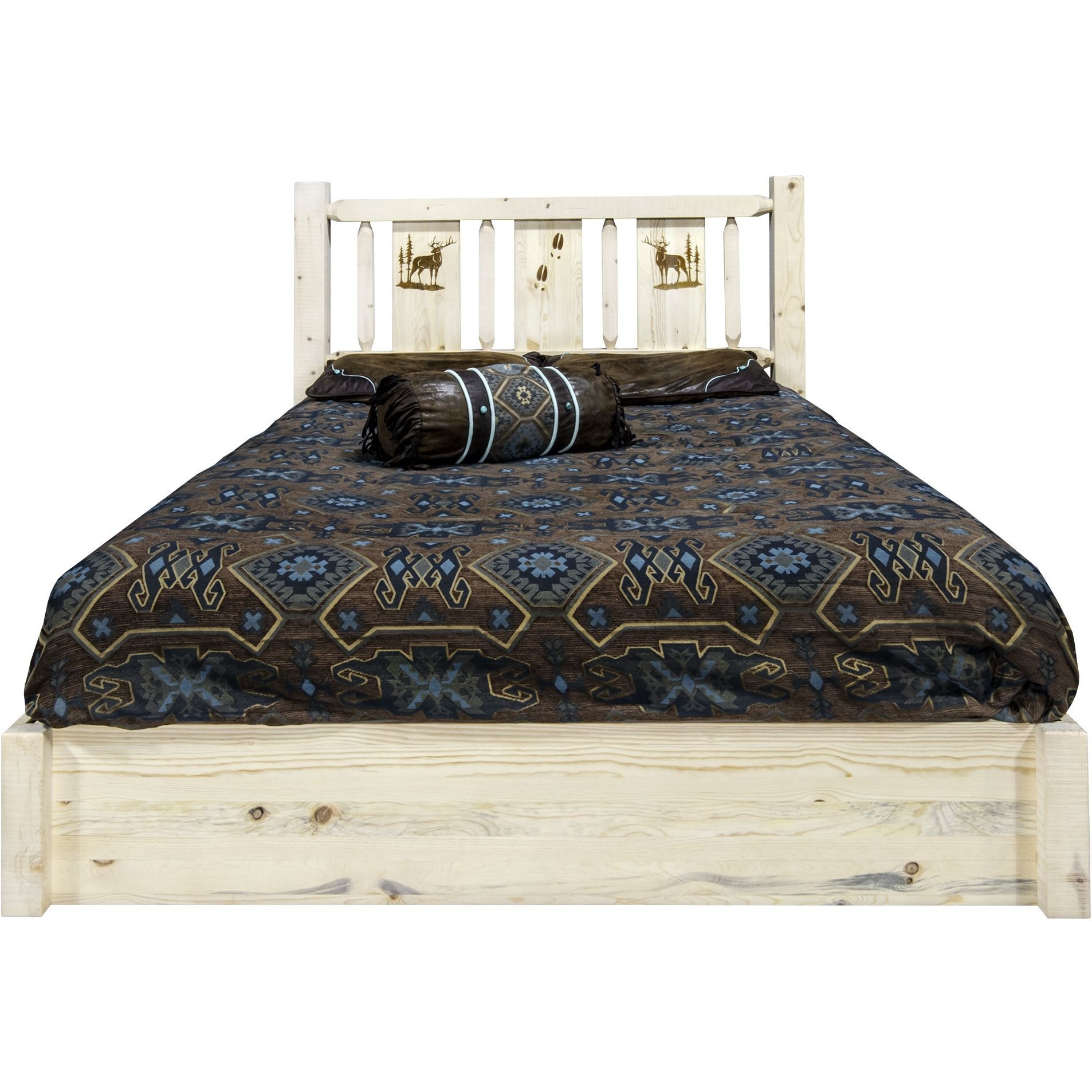 Homestead Collection Platform Bed w/ Storage, Full w/ Laser Engraved Elk Design, Clear Lacquer Finish