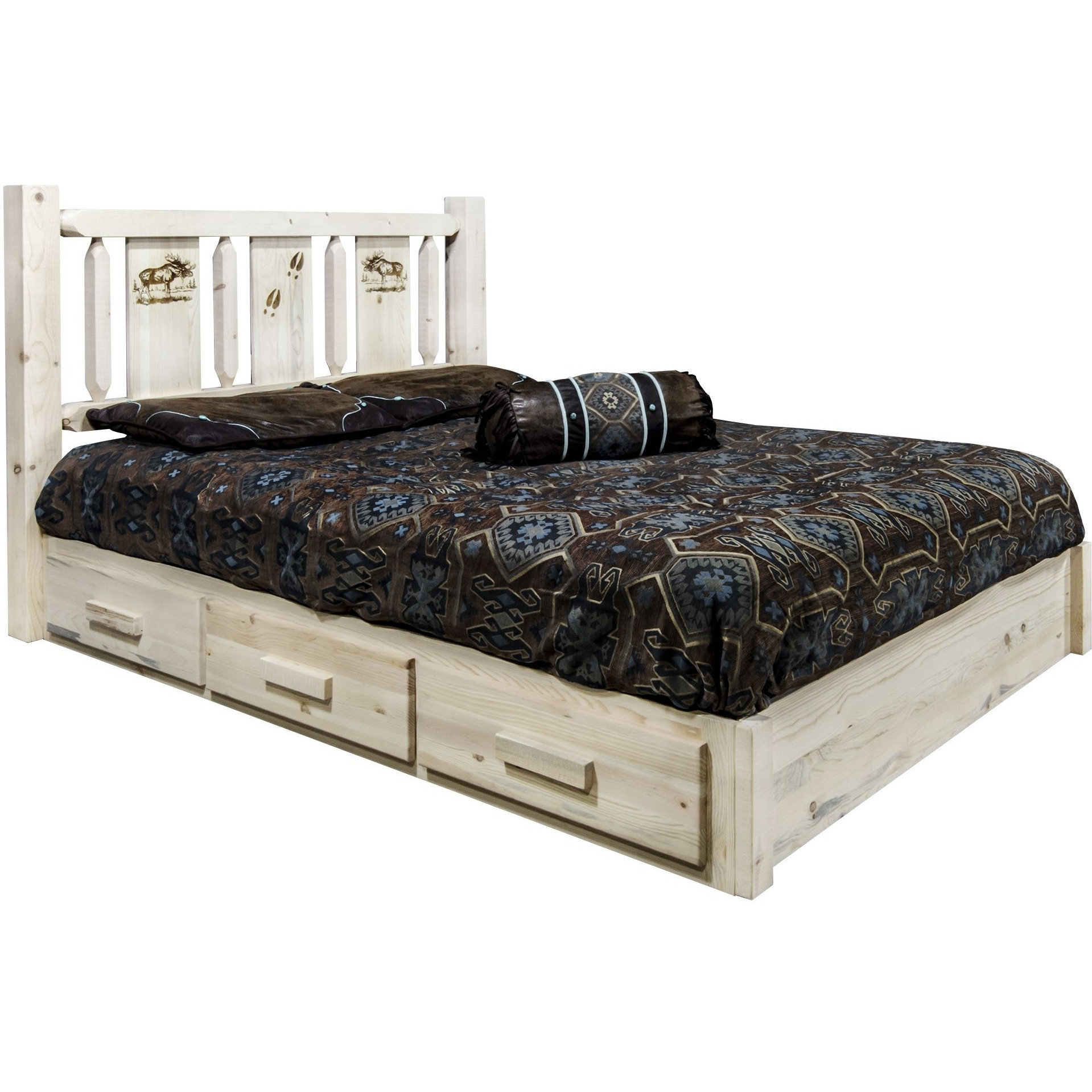 Homestead Collection Platform Bed w/ Storage, Full w/ Laser Engraved Moose Design, Clear Lacquer Finish