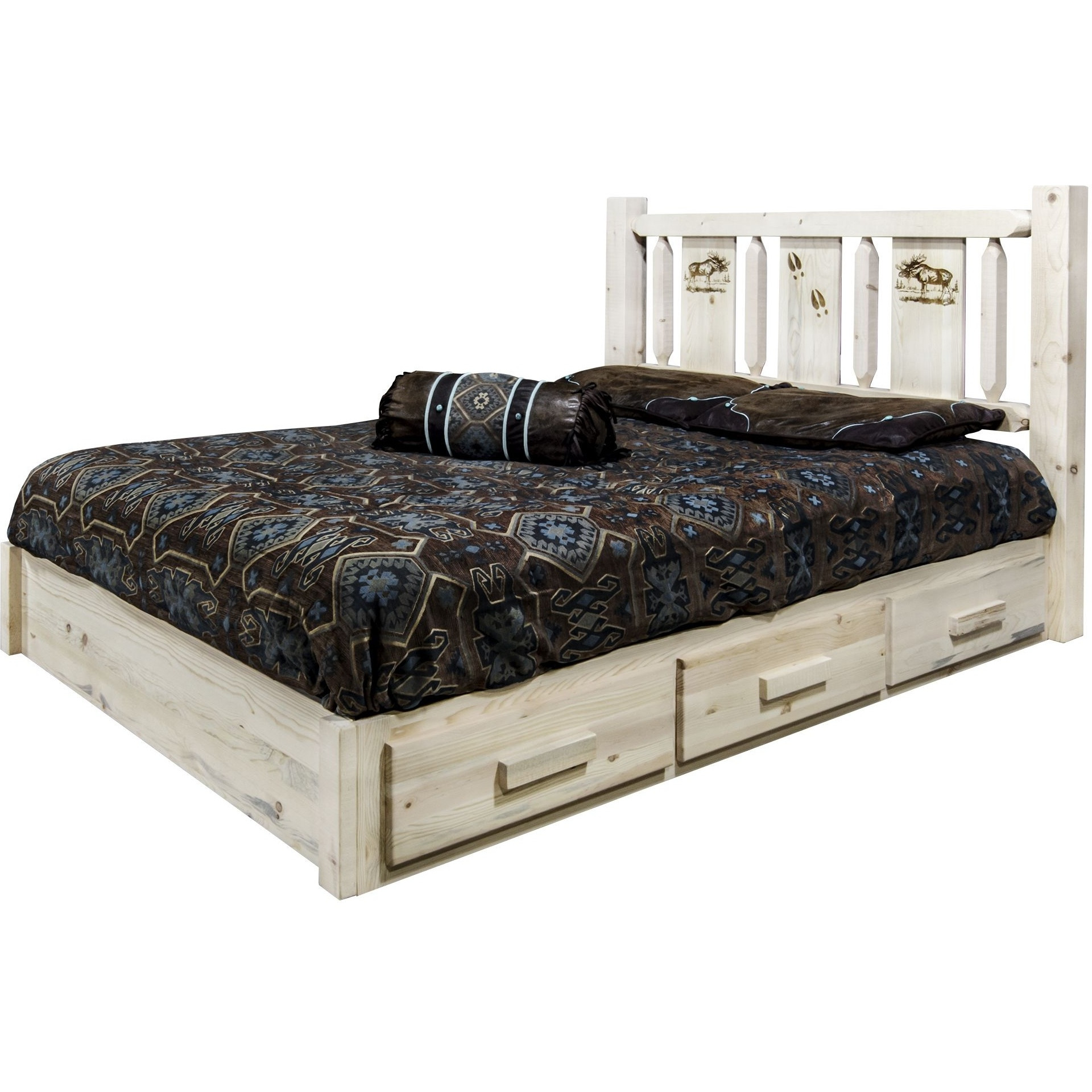 Homestead Collection Platform Bed w/ Storage, Full w/ Laser Engraved Moose Design, Clear Lacquer Finish