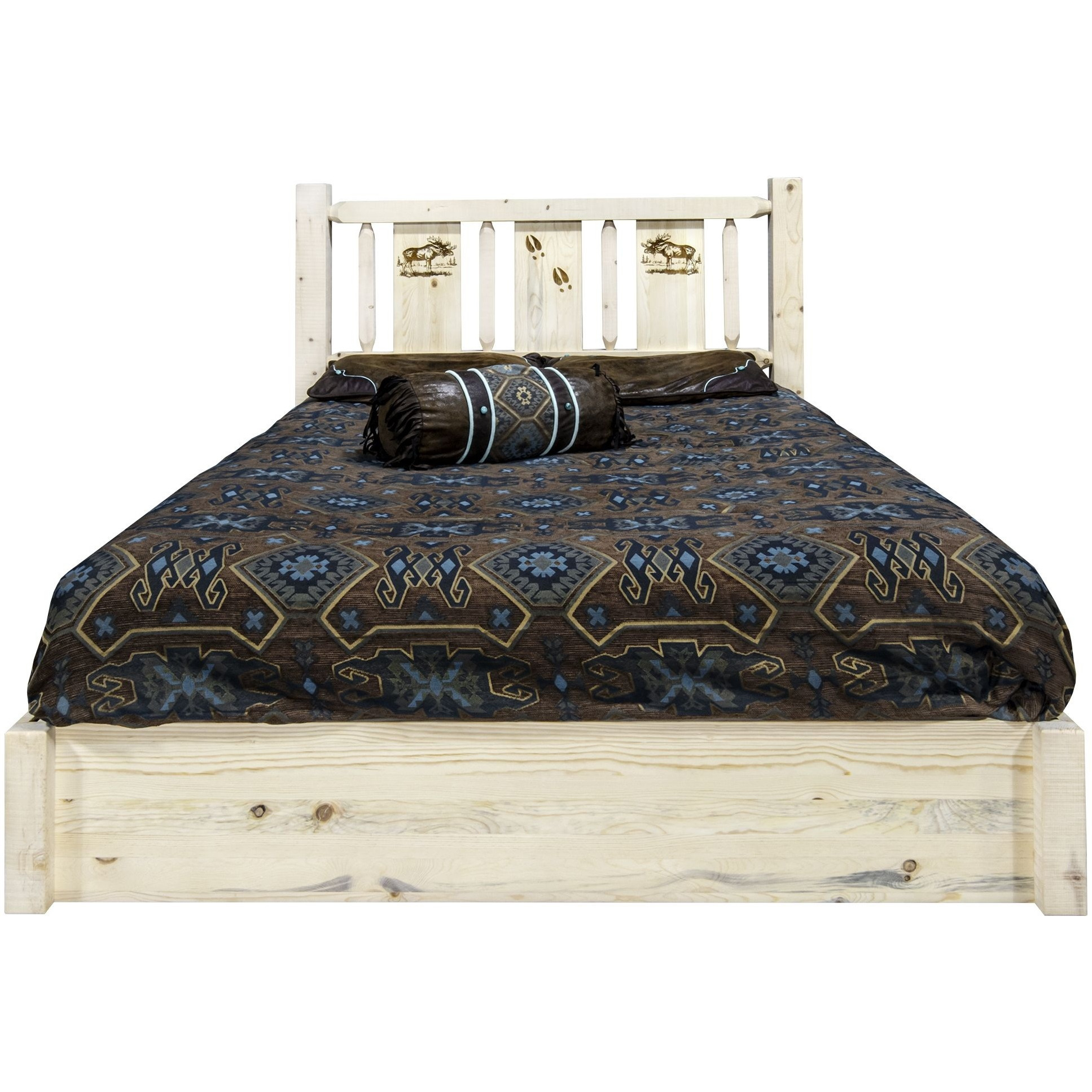 Homestead Collection Platform Bed w/ Storage, Full w/ Laser Engraved Moose Design, Clear Lacquer Finish