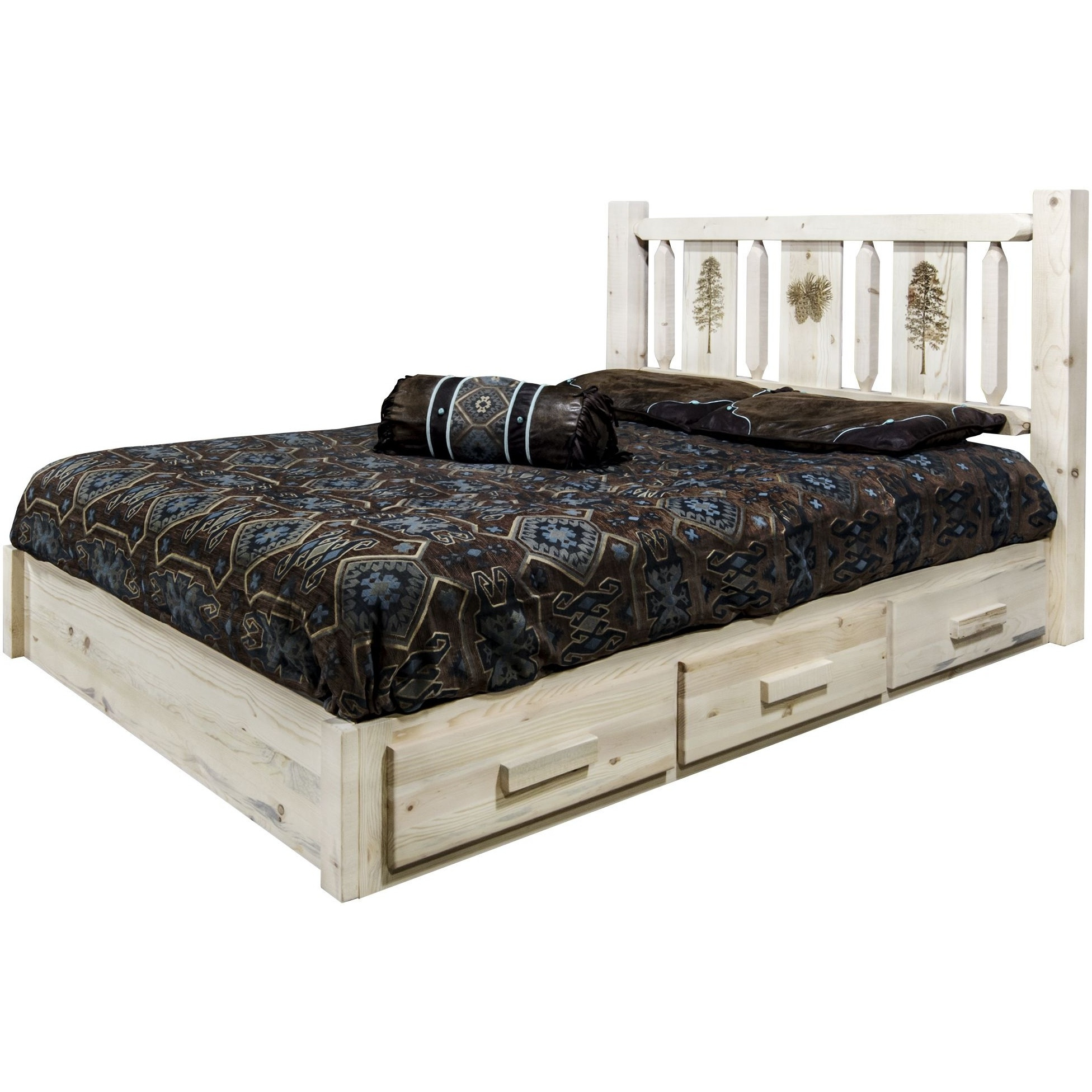 Homestead Collection Platform Bed w/ Storage, Full w/ Laser Engraved Pine Design, Clear Lacquer Finish