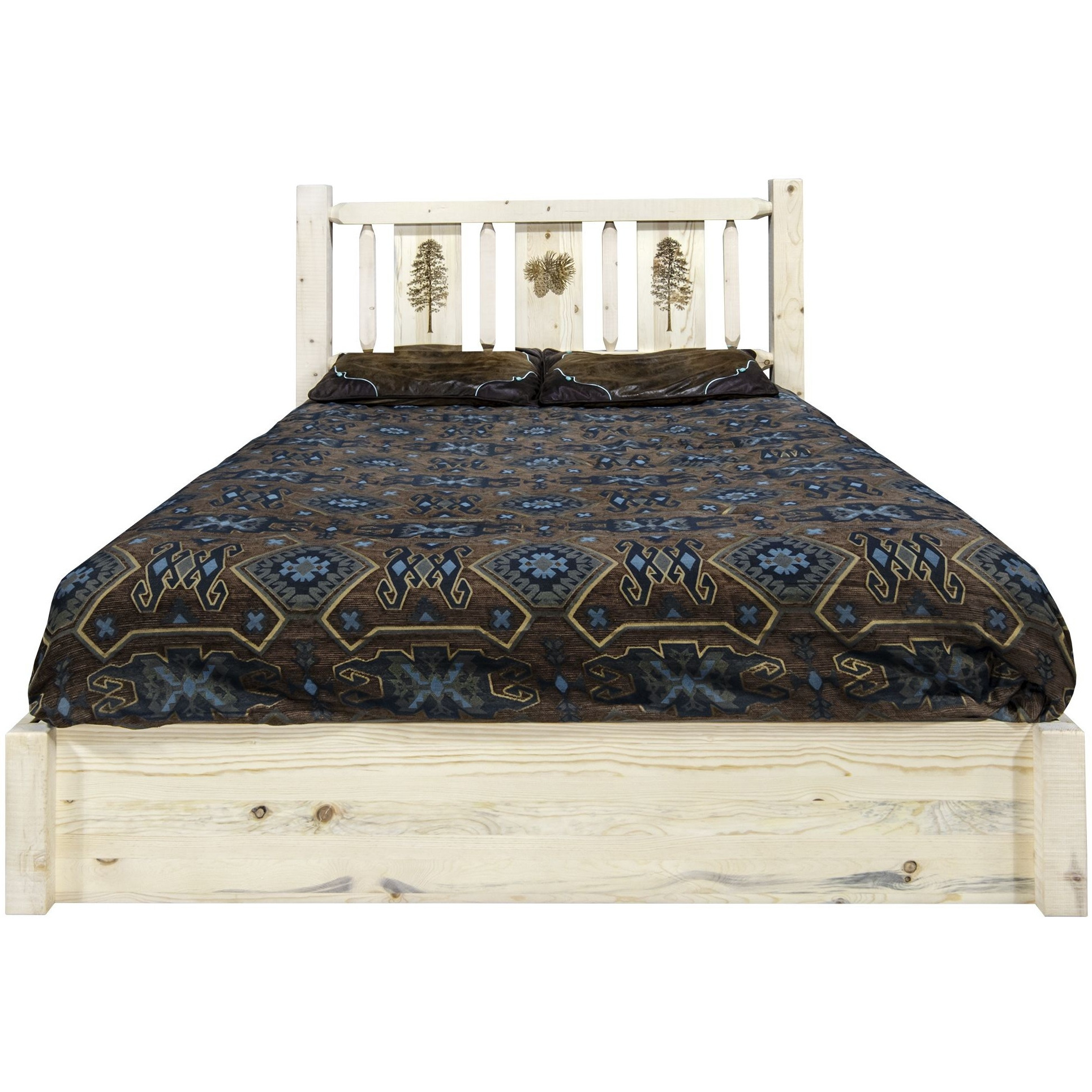 Homestead Collection Platform Bed w/ Storage, Full w/ Laser Engraved Pine Design, Clear Lacquer Finish