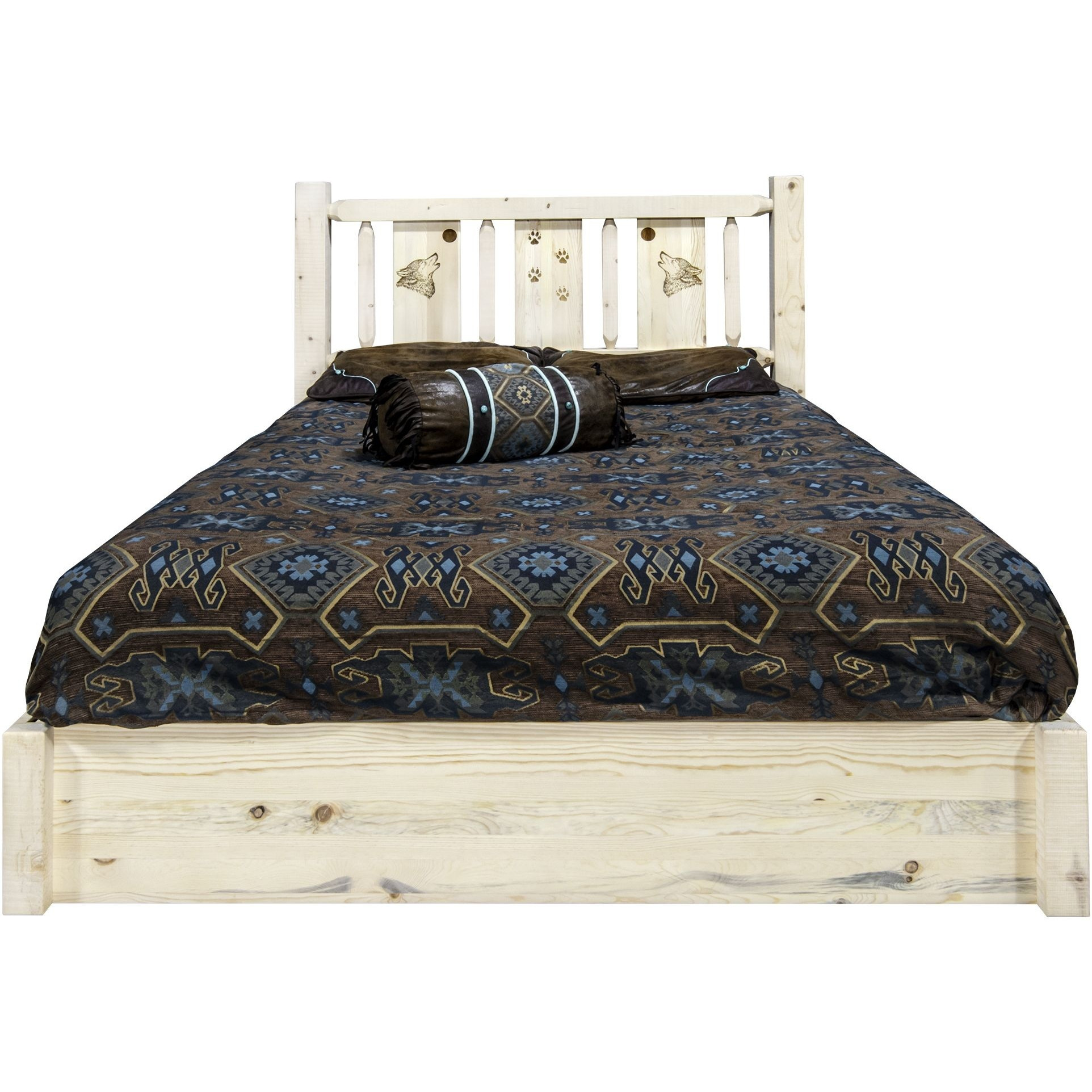 Homestead Collection Platform Bed w/ Storage, Full w/ Laser Engraved Wolf Design, Clear Lacquer Finish