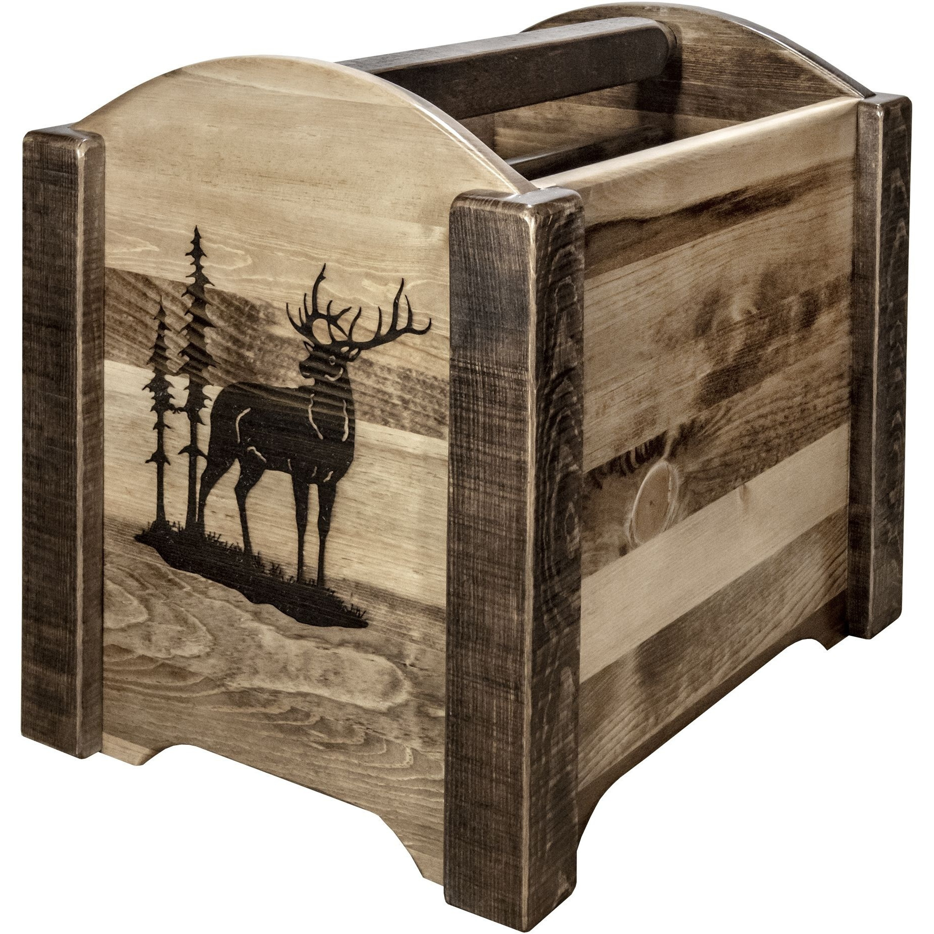 Homestead Collection Magazine Rack w/ Laser Engraved Elk Design, Stain & Clear Lacquer Finish