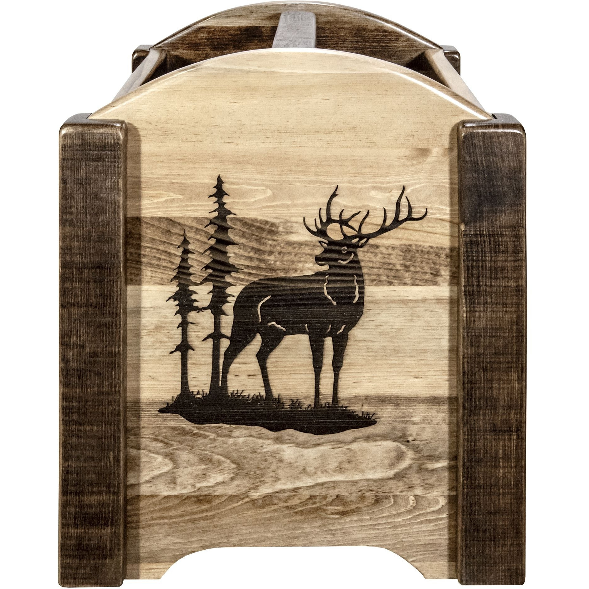 Homestead Collection Magazine Rack w/ Laser Engraved Elk Design, Stain & Clear Lacquer Finish