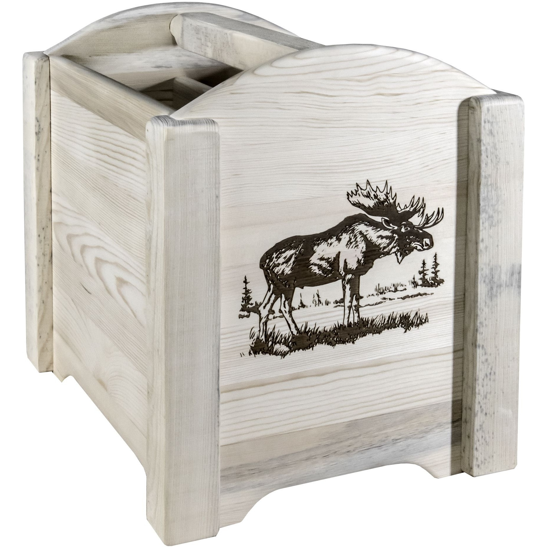 Homestead Collection Magazine Rack w/ Laser Engraved Moose Design, Clear Lacquer Finish