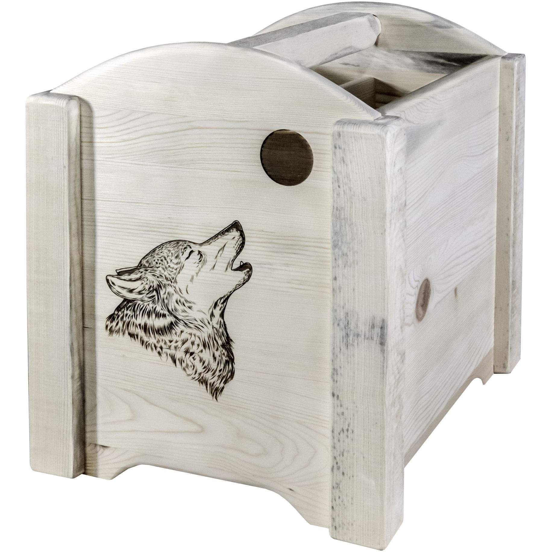 Homestead Collection Magazine Rack w/ Laser Engraved Wolf Design, Ready to Finish