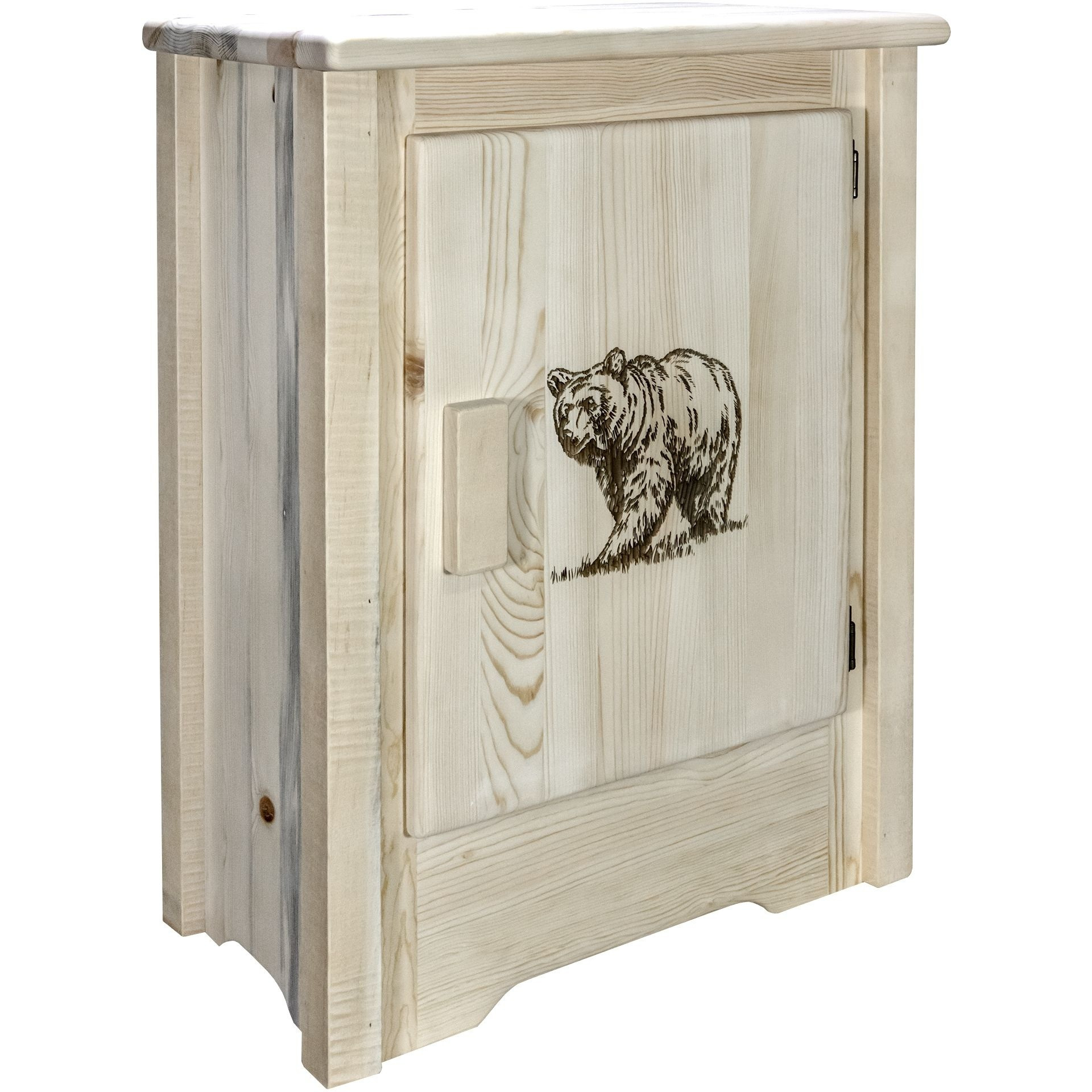 Homestead Collection Accent Cabinet w/ Laser Engraved Bear Design, Right Hinged, Clear Lacquer Finish