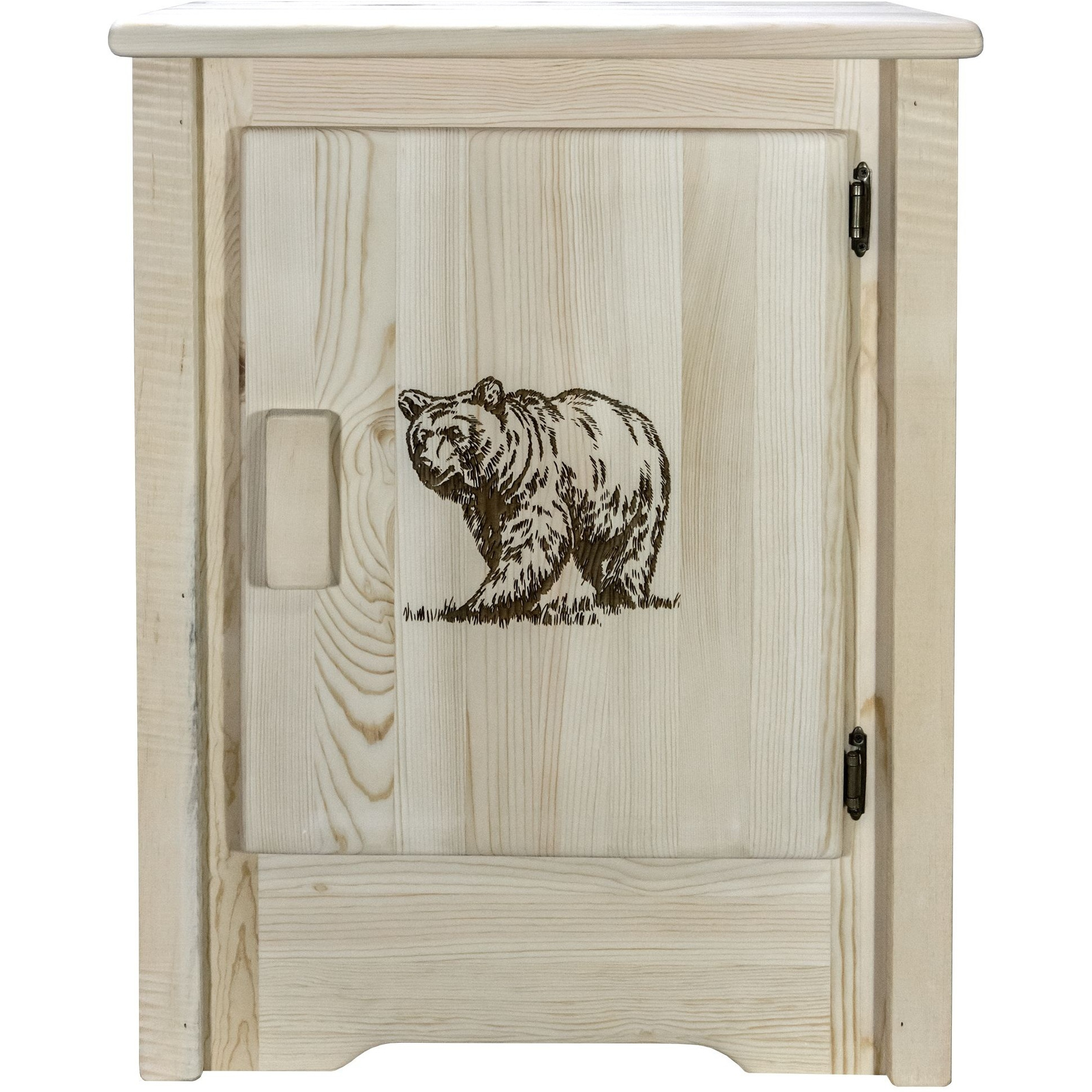 Homestead Collection Accent Cabinet w/ Laser Engraved Bear Design, Right Hinged, Clear Lacquer Finish