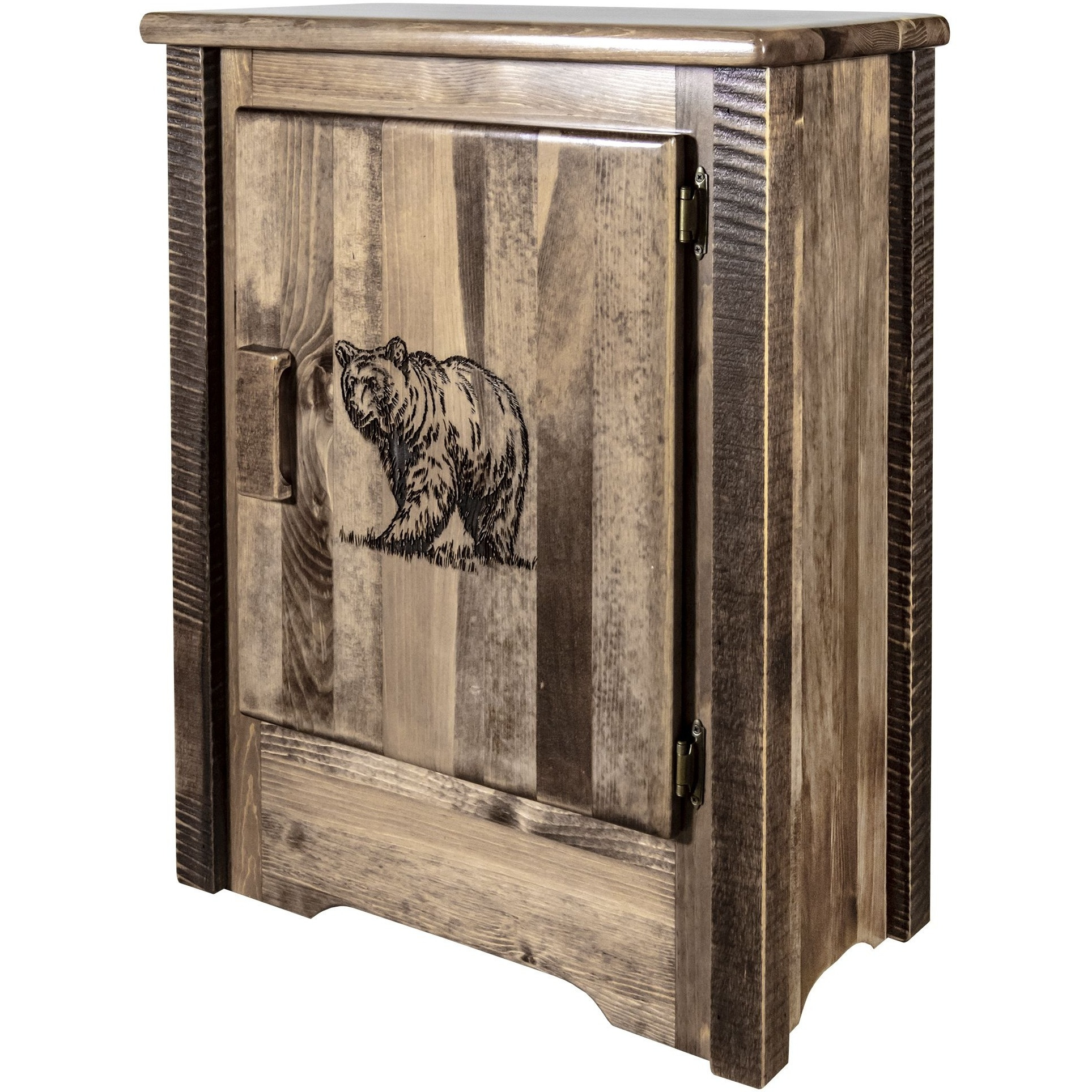 Homestead Collection Accent Cabinet w/ Laser Engraved Bear Design, Right Hinged, Stain & Clear Lacquer Finish