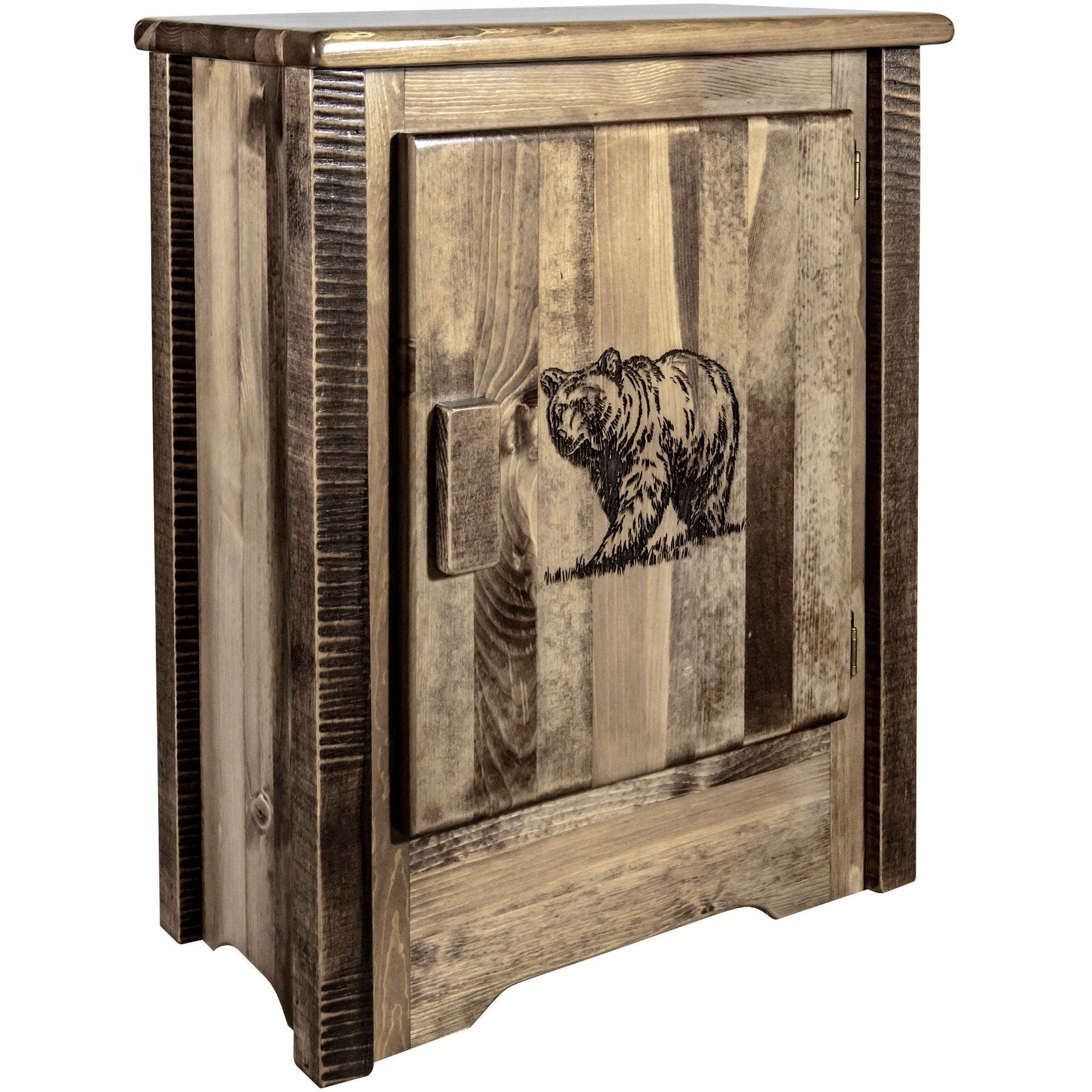 Homestead Collection Accent Cabinet w/ Laser Engraved Bear Design, Right Hinged, Stain & Clear Lacquer Finish