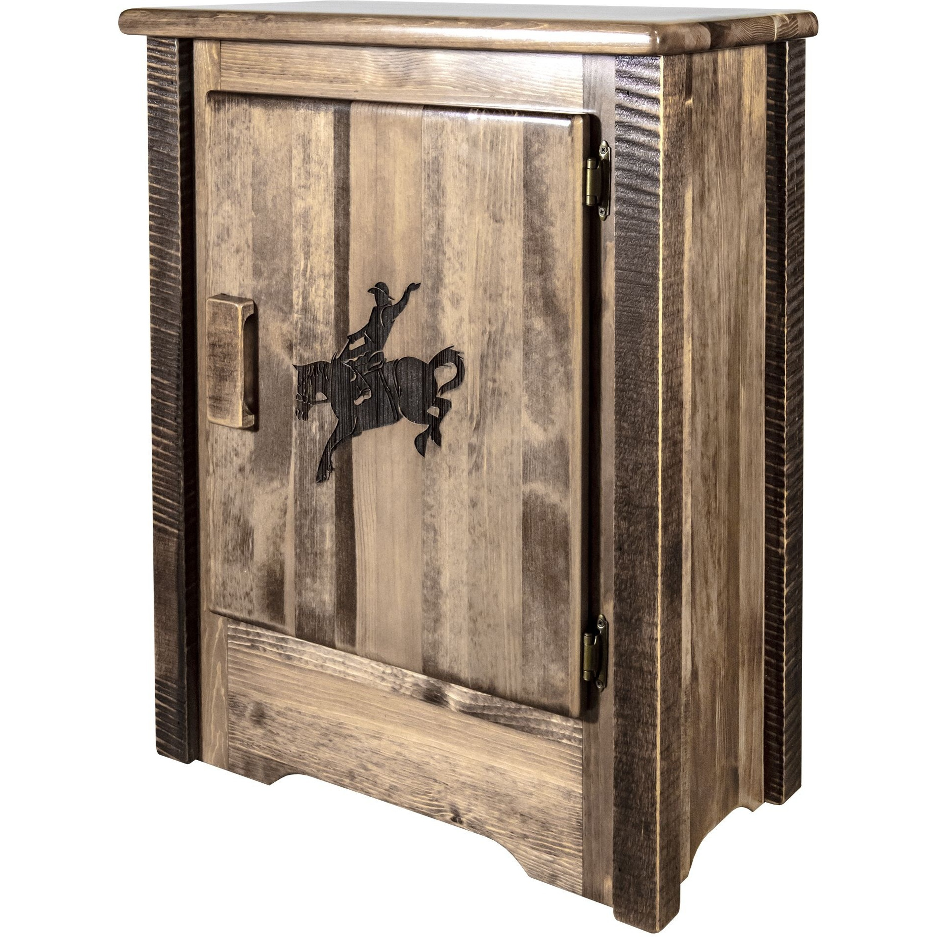 Homestead Collection Accent Cabinet w/ Laser Engraved Bronc Design, Right Hinged, Stain & Clear Lacquer Finish