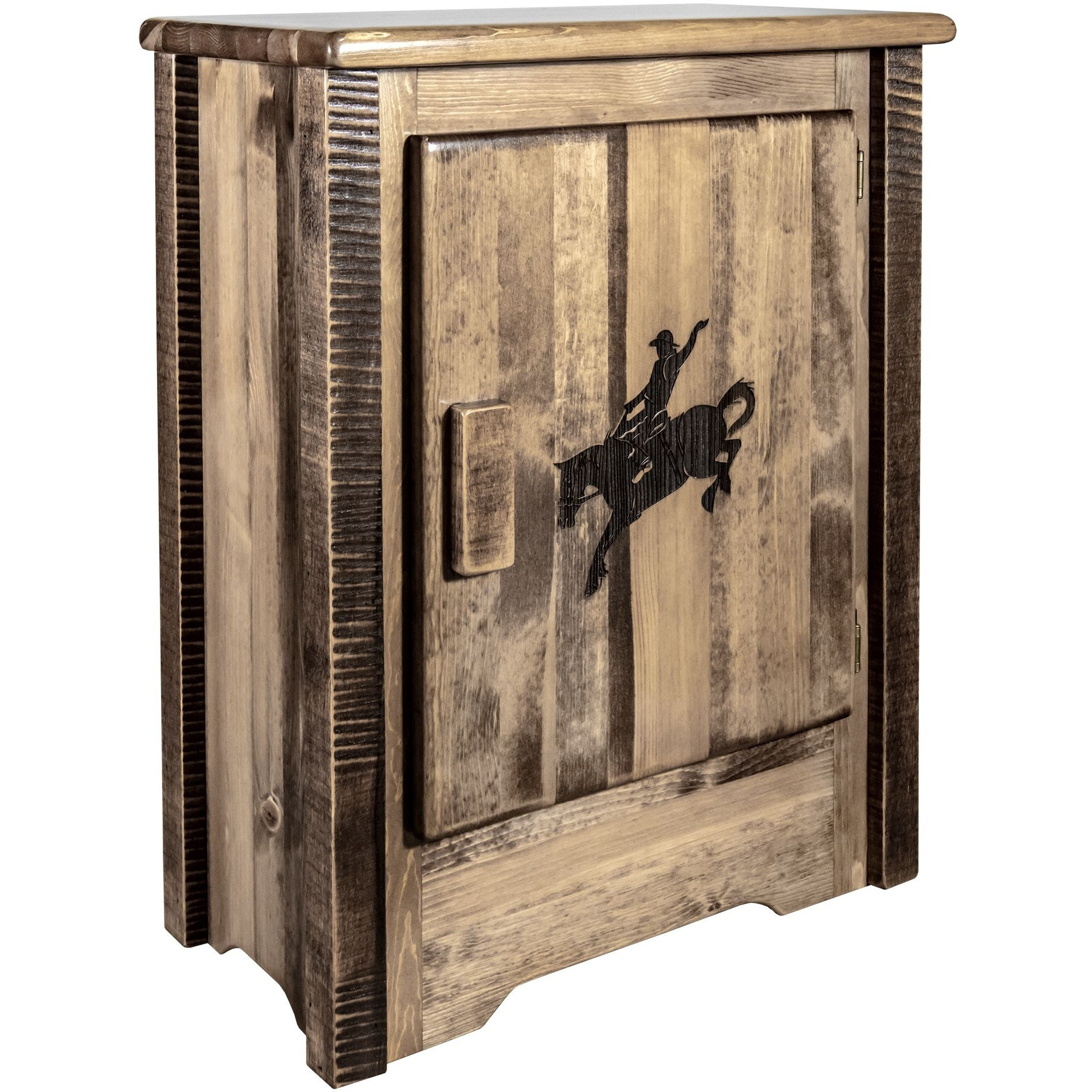 Homestead Collection Accent Cabinet w/ Laser Engraved Bronc Design, Right Hinged, Stain & Clear Lacquer Finish