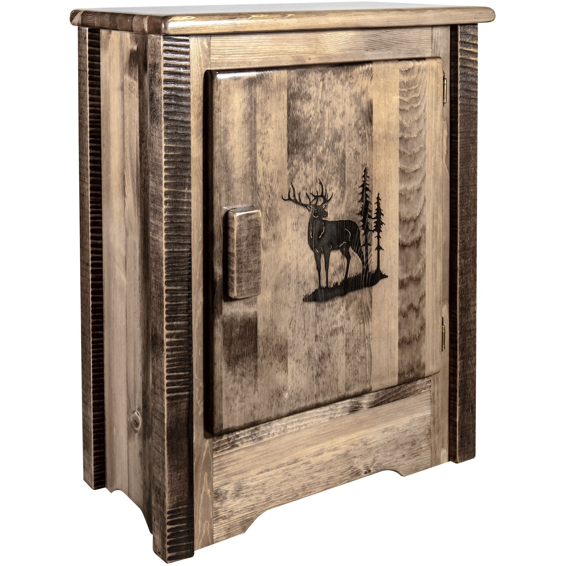 Homestead Collection Accent Cabinet w/ Laser Engraved Elk Design, Right Hinged, Stain & Clear Lacquer Finish