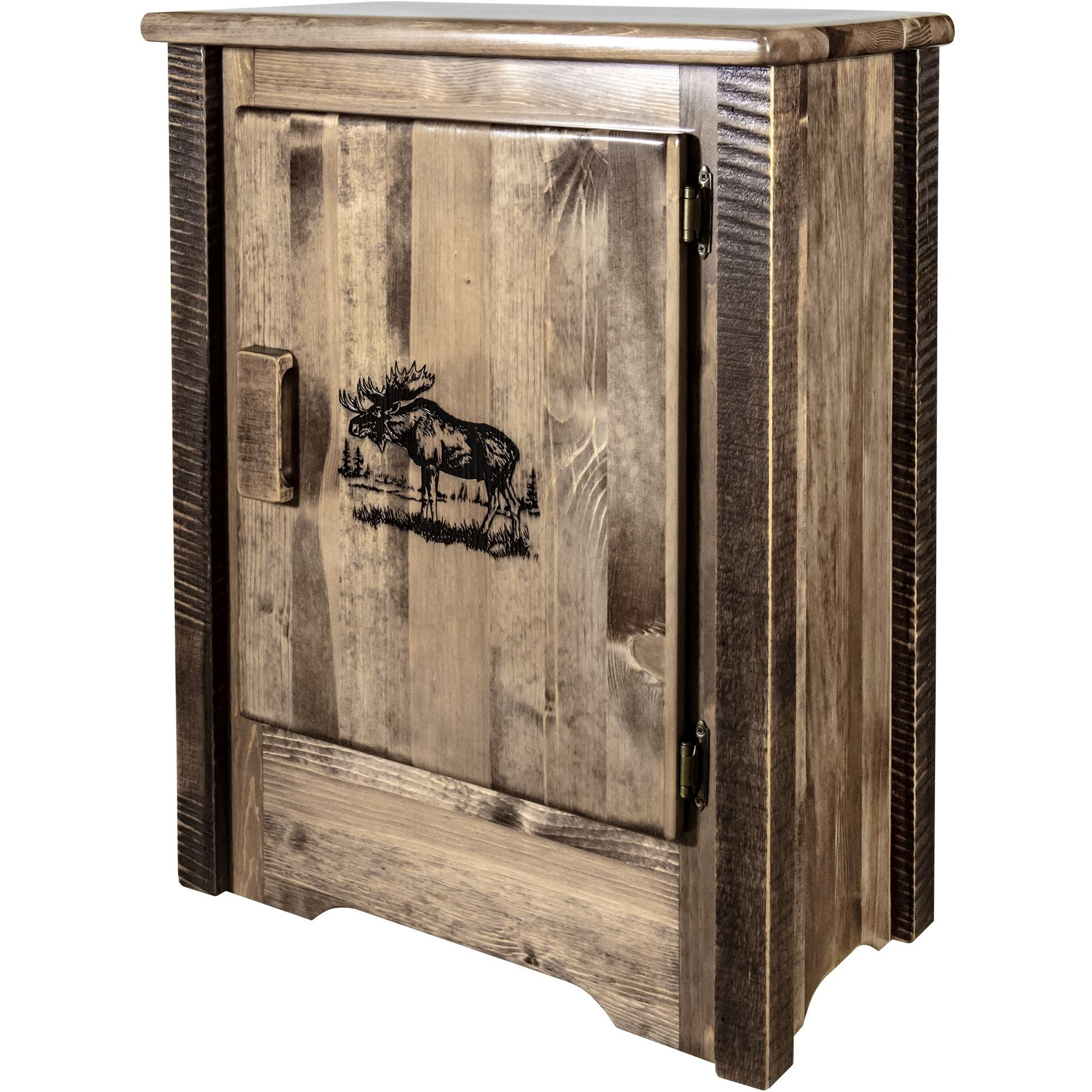 Homestead Collection Accent Cabinet w/ Laser Engraved Moose Design, Right Hinged, Stain & Clear Lacquer Finish