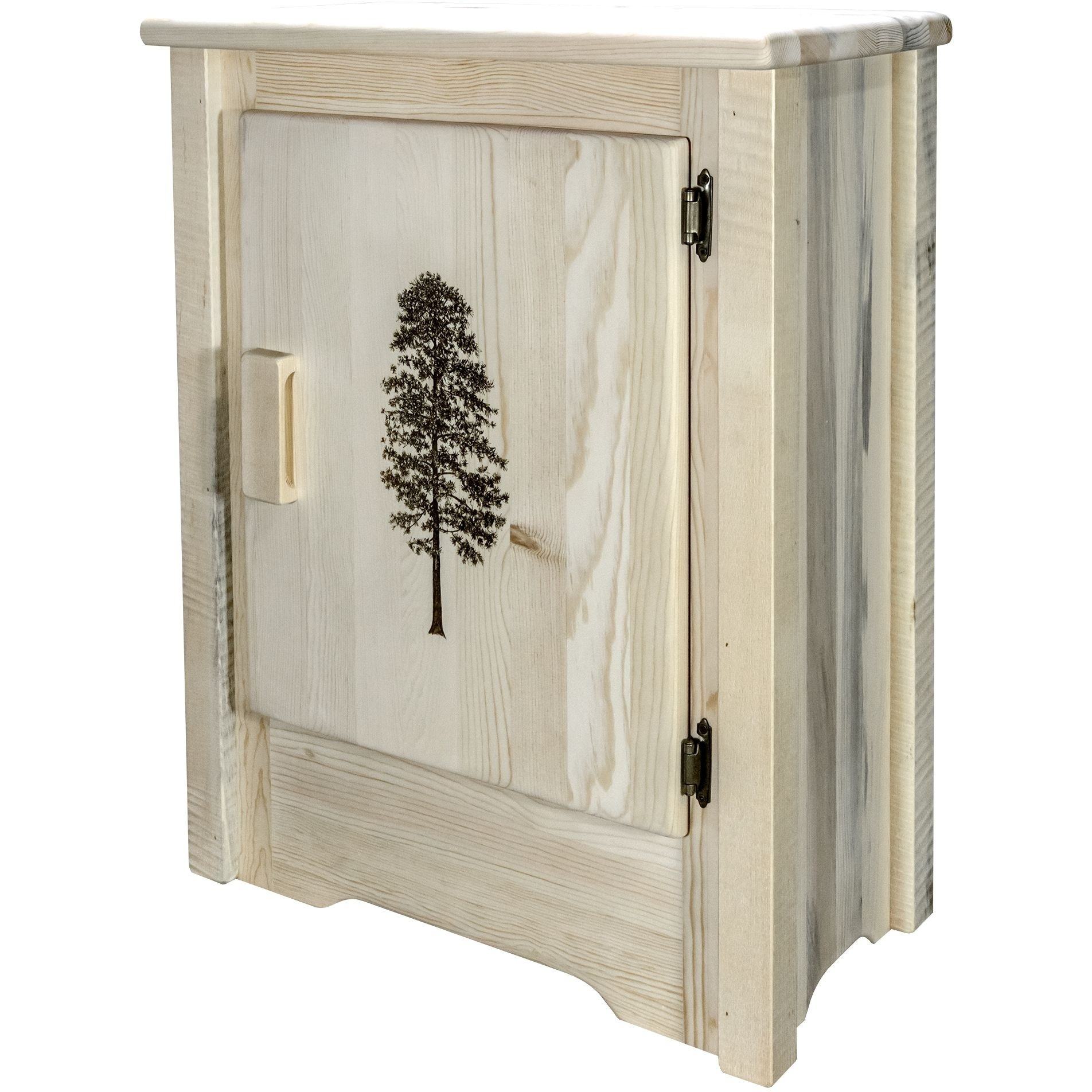 Homestead Collection Accent Cabinet w/ Laser Engraved Pine Design, Right Hinged, Ready to Finish