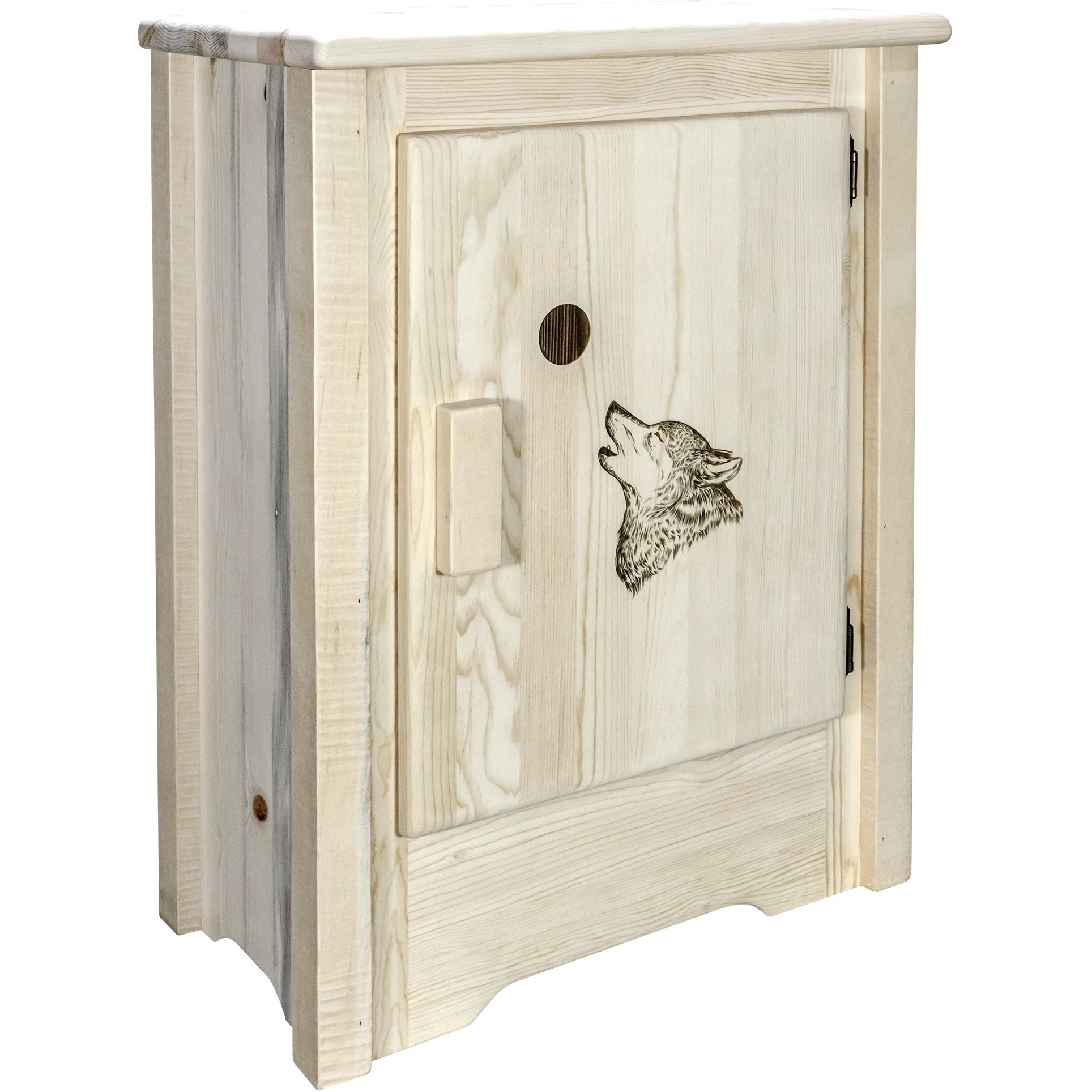 Homestead Collection Accent Cabinet w/ Laser Engraved Wolf Design, Right Hinged, Ready to Finish
